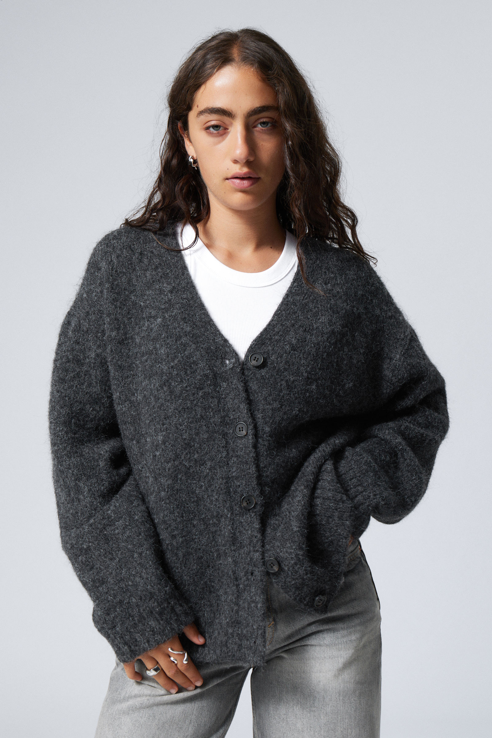 knitted single breasted cardigan Dark Grey Melange Weekday EU