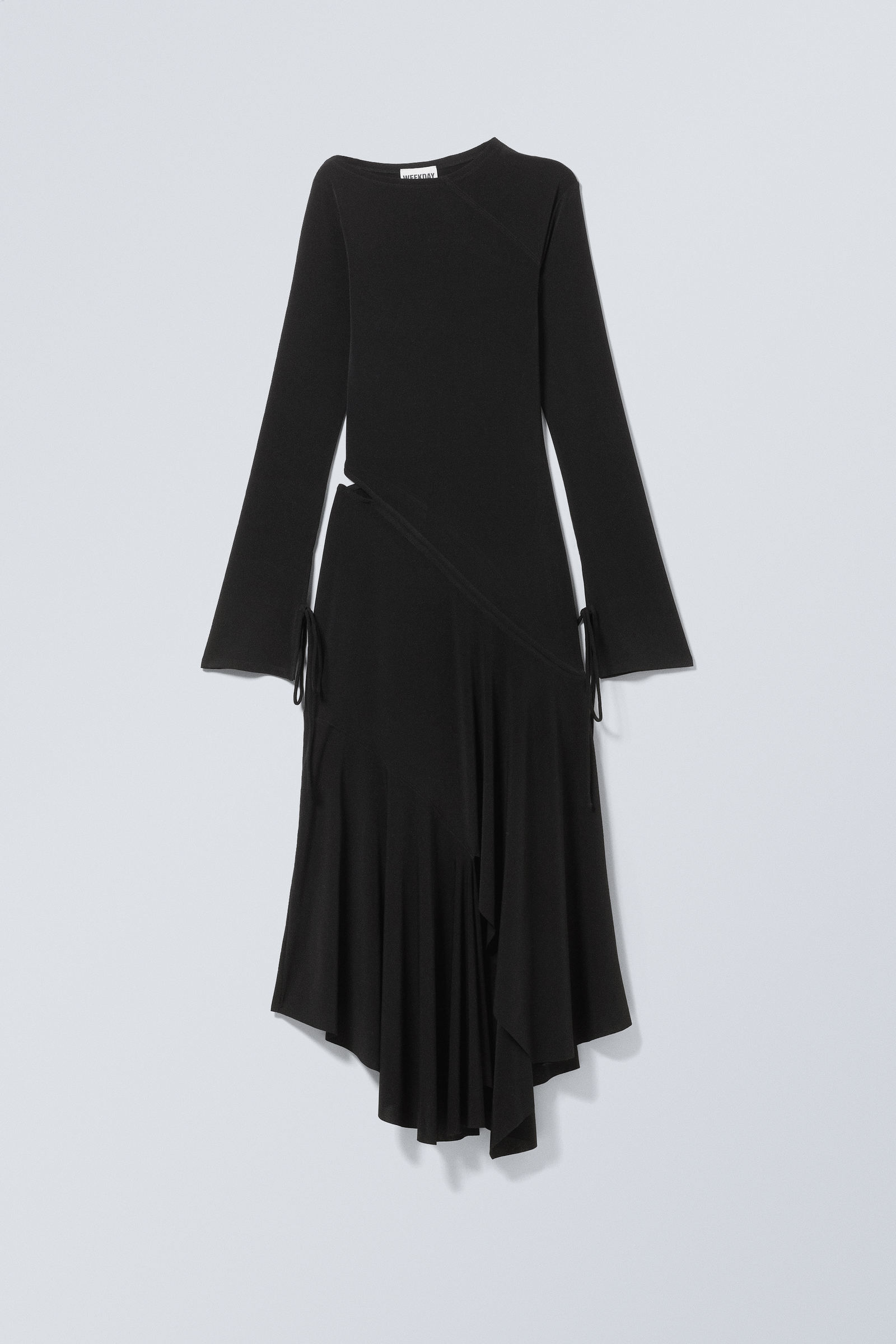 Black - Long-Sleeved Asymmetric Draped Dress - 1