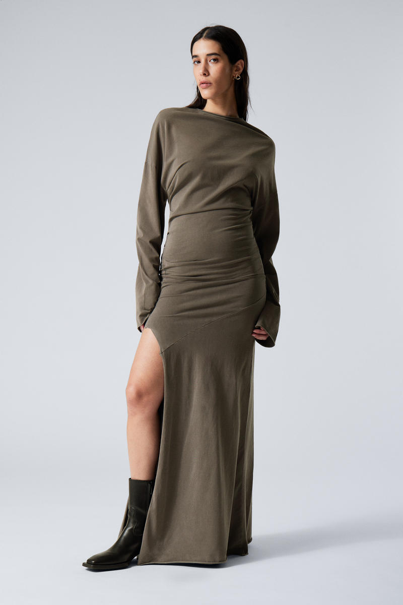 Weekday Draped Long-sleeved Maxi Slit Dress In Grey
