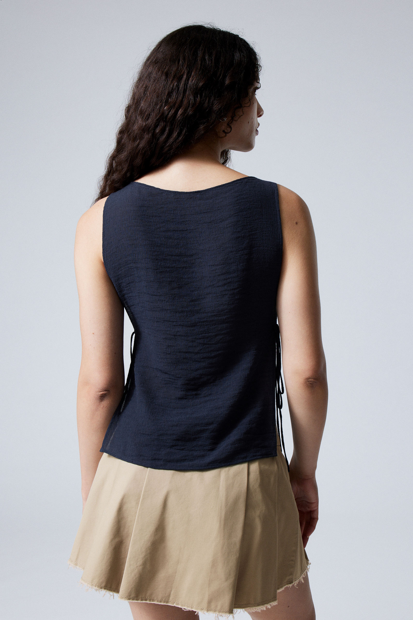 Navy Blue - Sleeveless Boat-Neck Tie Top - 2