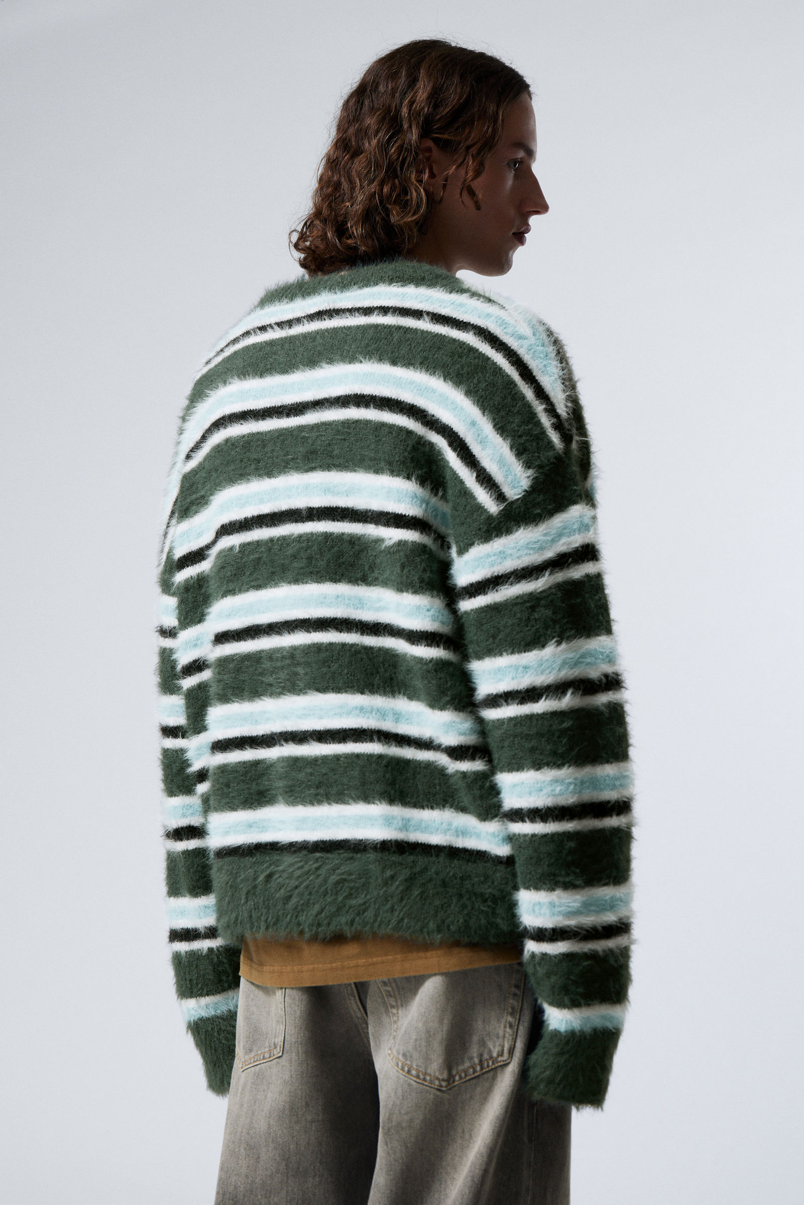 Dark Green Stripe - Relaxed Knitted Striped Hairy Sweater - 3