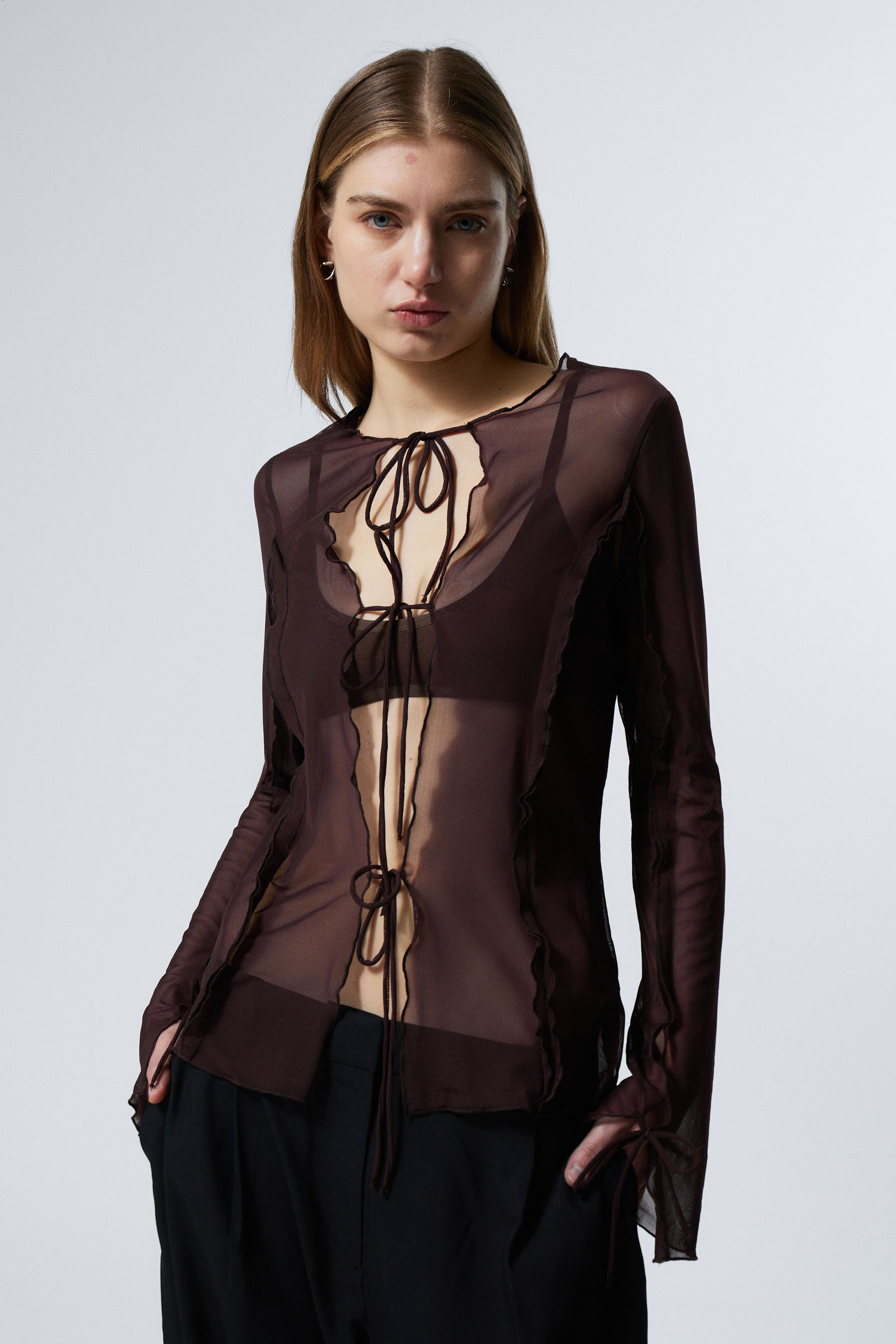 #34272C - Long-Sleeved Mesh Tie Top - 1