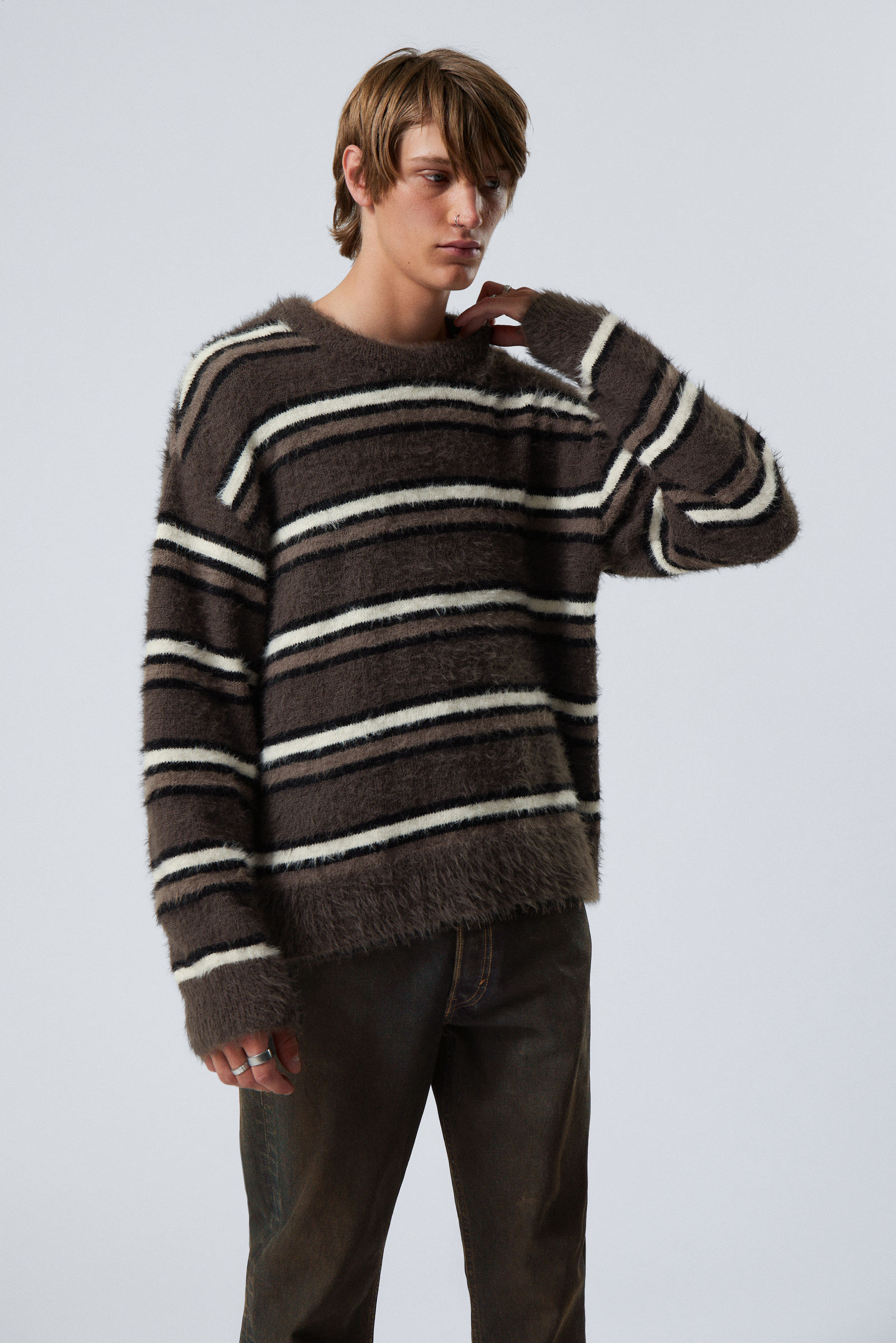 Brown Stripe - Relaxed Knitted Striped Hairy Sweater - 0