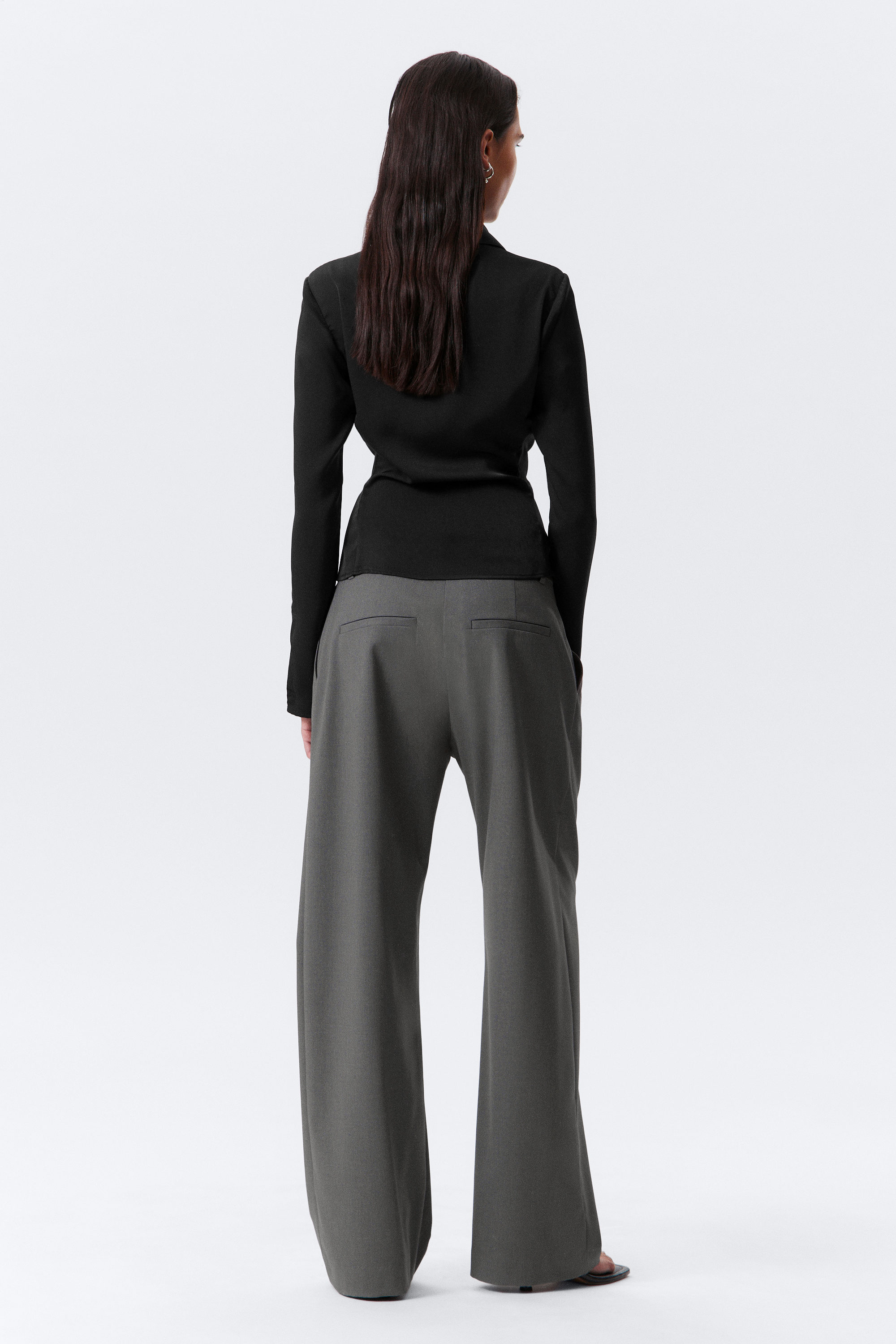 BREEZE TWEED DEEP TUCK BAGGY SLACKS グレー CIDER Tweed Mid Waist Solid Button Wide Leg Trousers: Black
