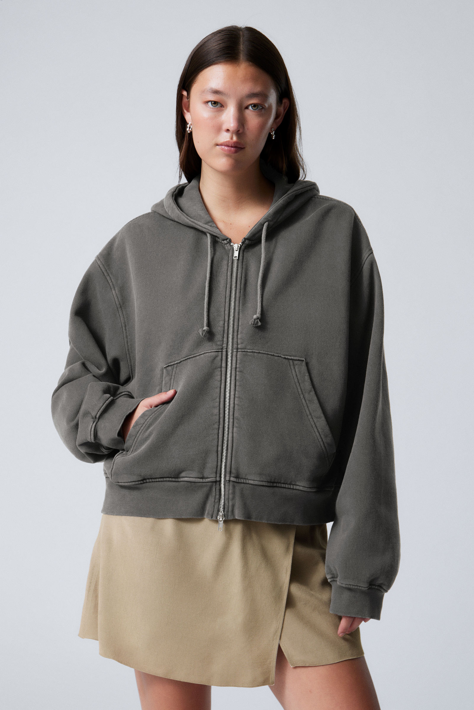 boxy heavyweight zip hoodie Dark Grey Weekday WW