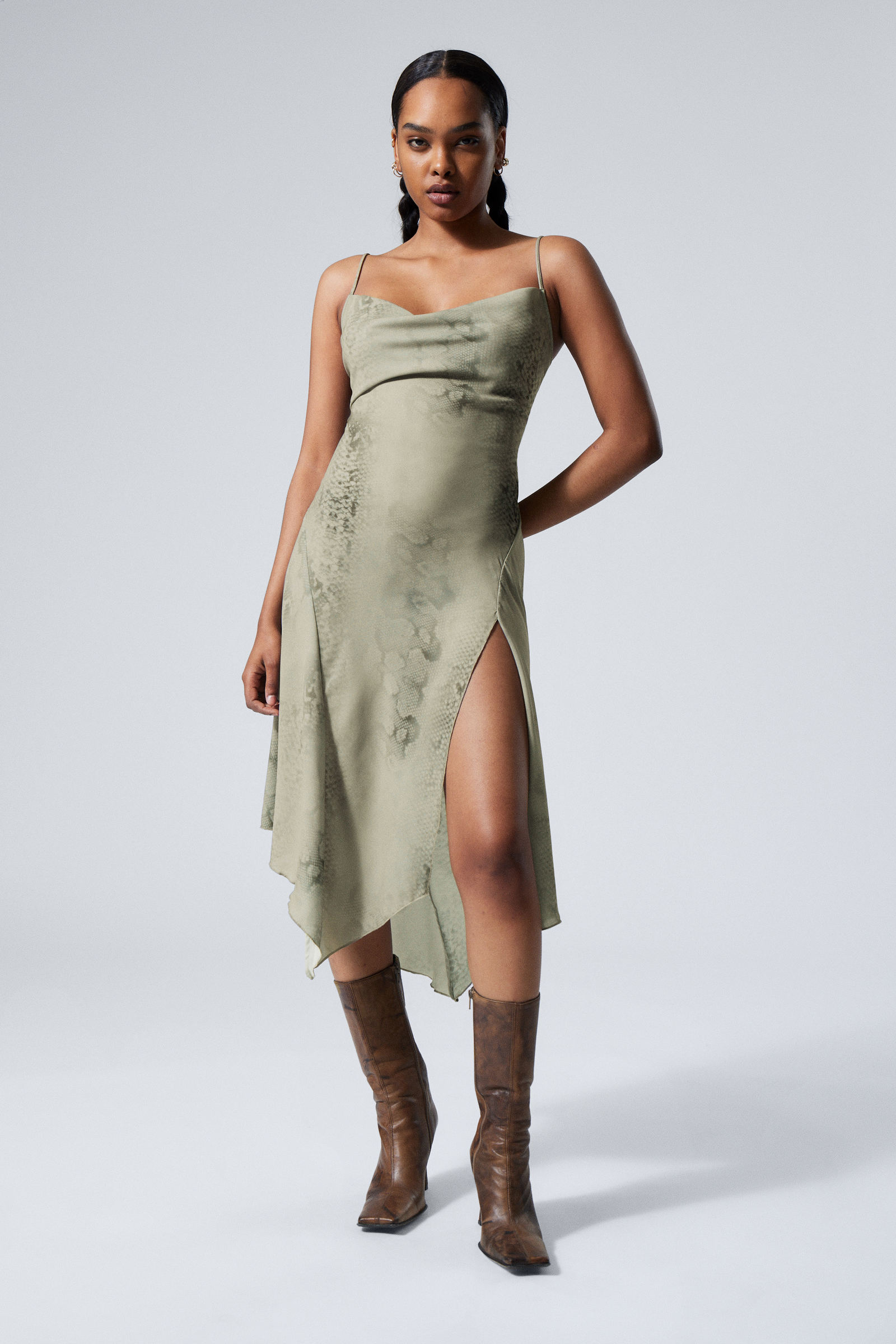 #9B958B - Draped Asymmetric Strap Dress - 1