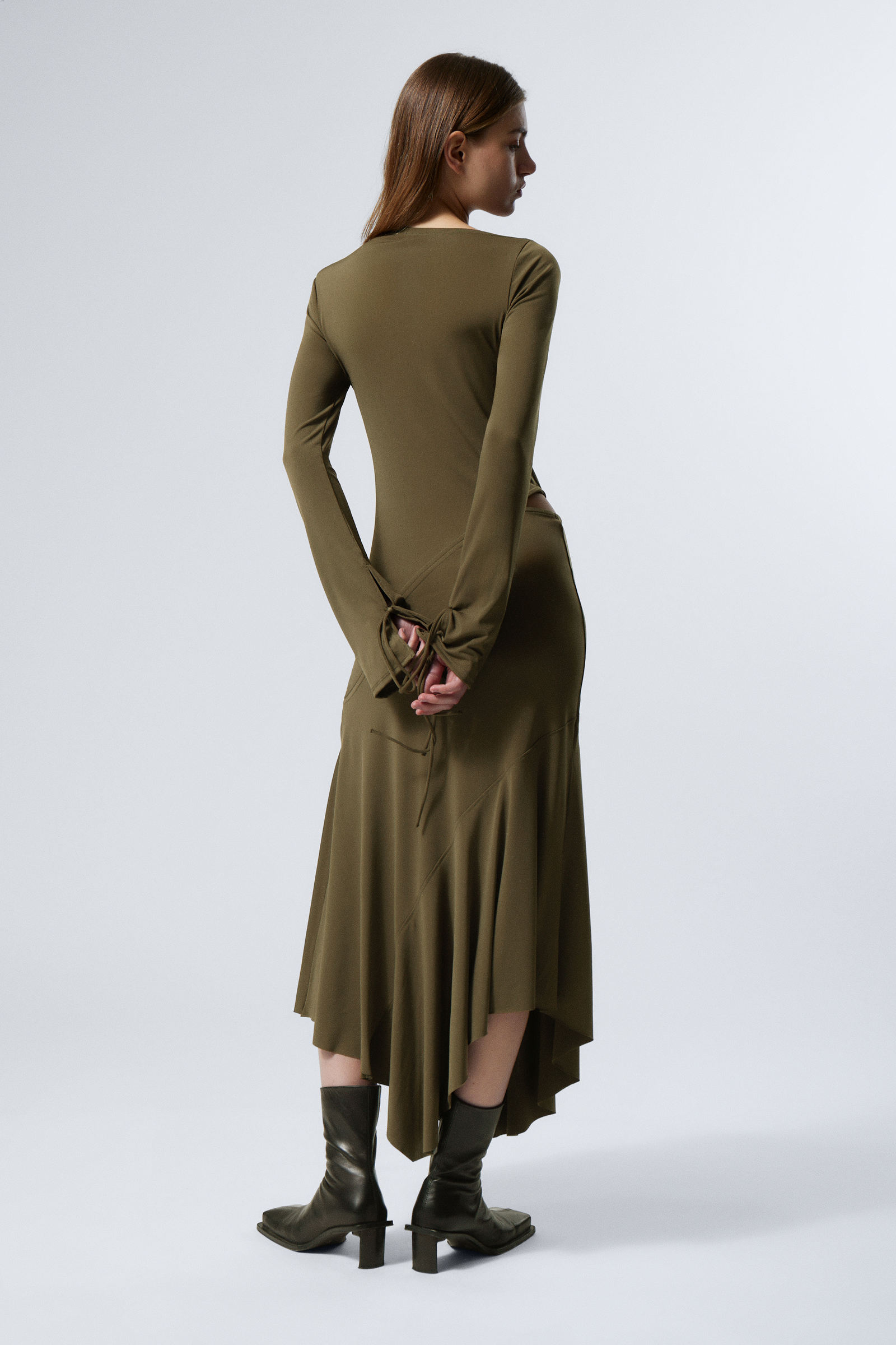 Dark Khaki Green - Long-Sleeved Asymmetric Draped Dress - 2