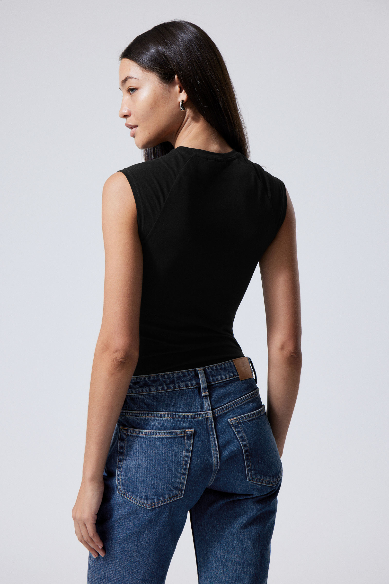 Weekday Alina faux leather fitted tank top in black