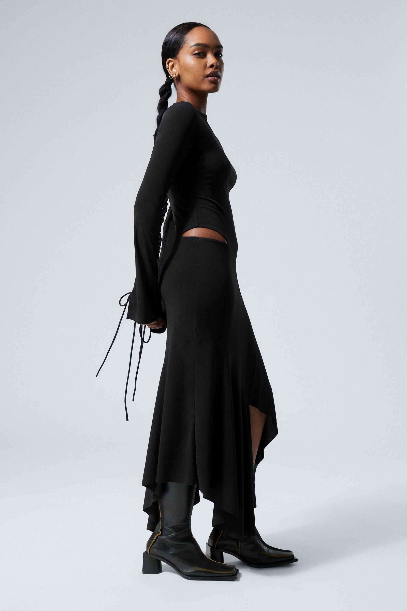 Black - Long-Sleeved Asymmetric Draped Dress - 3