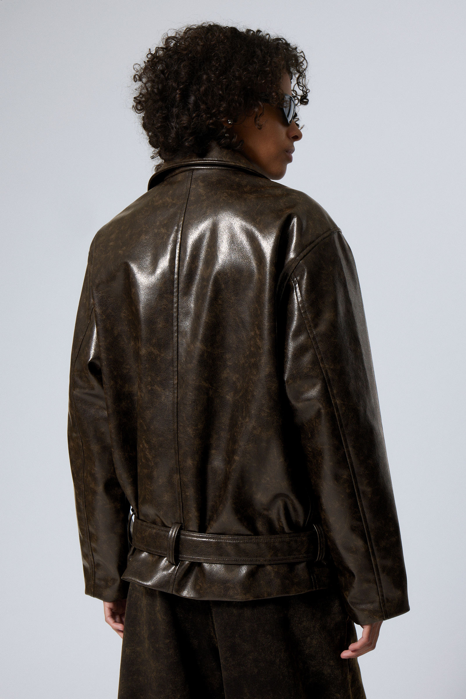#403C38 - Flora Oversized Faux Leather Biker Jacket - 2