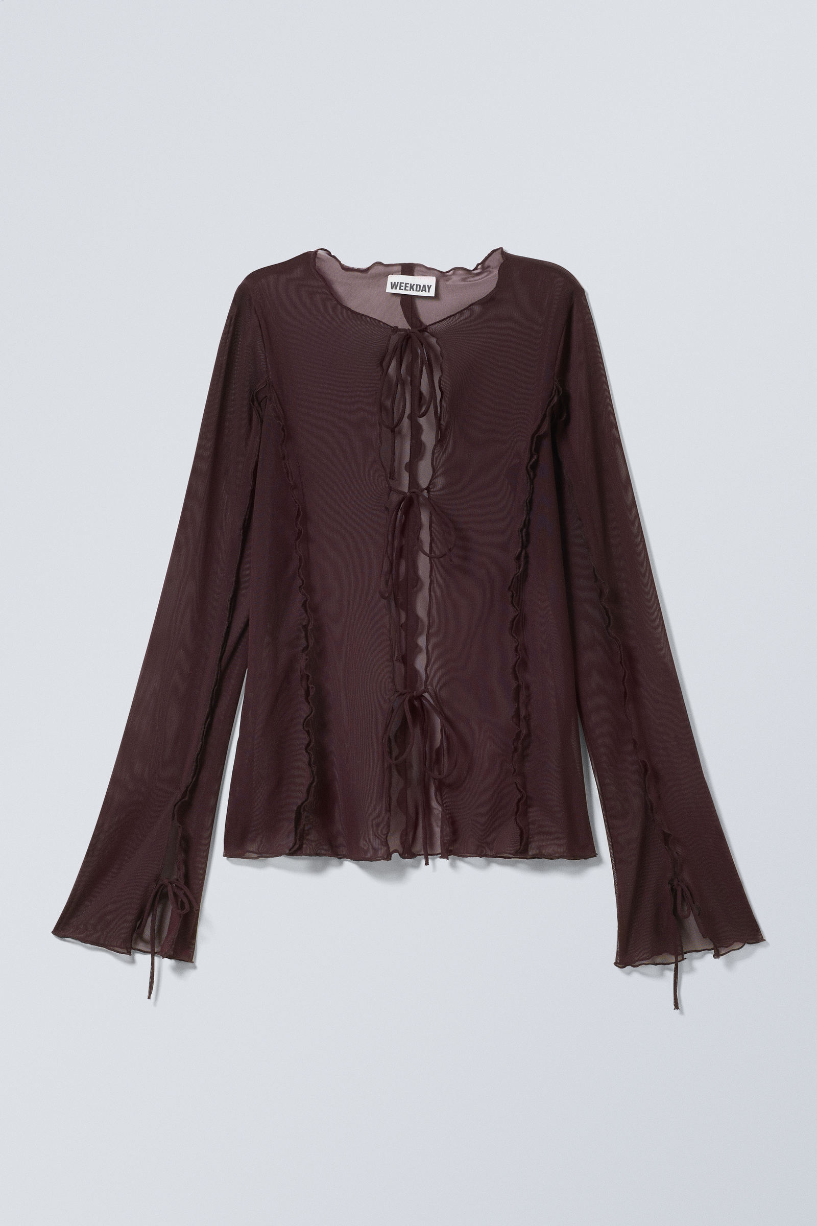 Dark Plum - Long-Sleeved Mesh Tie Top - 2