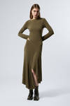 Dark Khaki Green - Long-Sleeved Asymmetric Draped Dress - 0