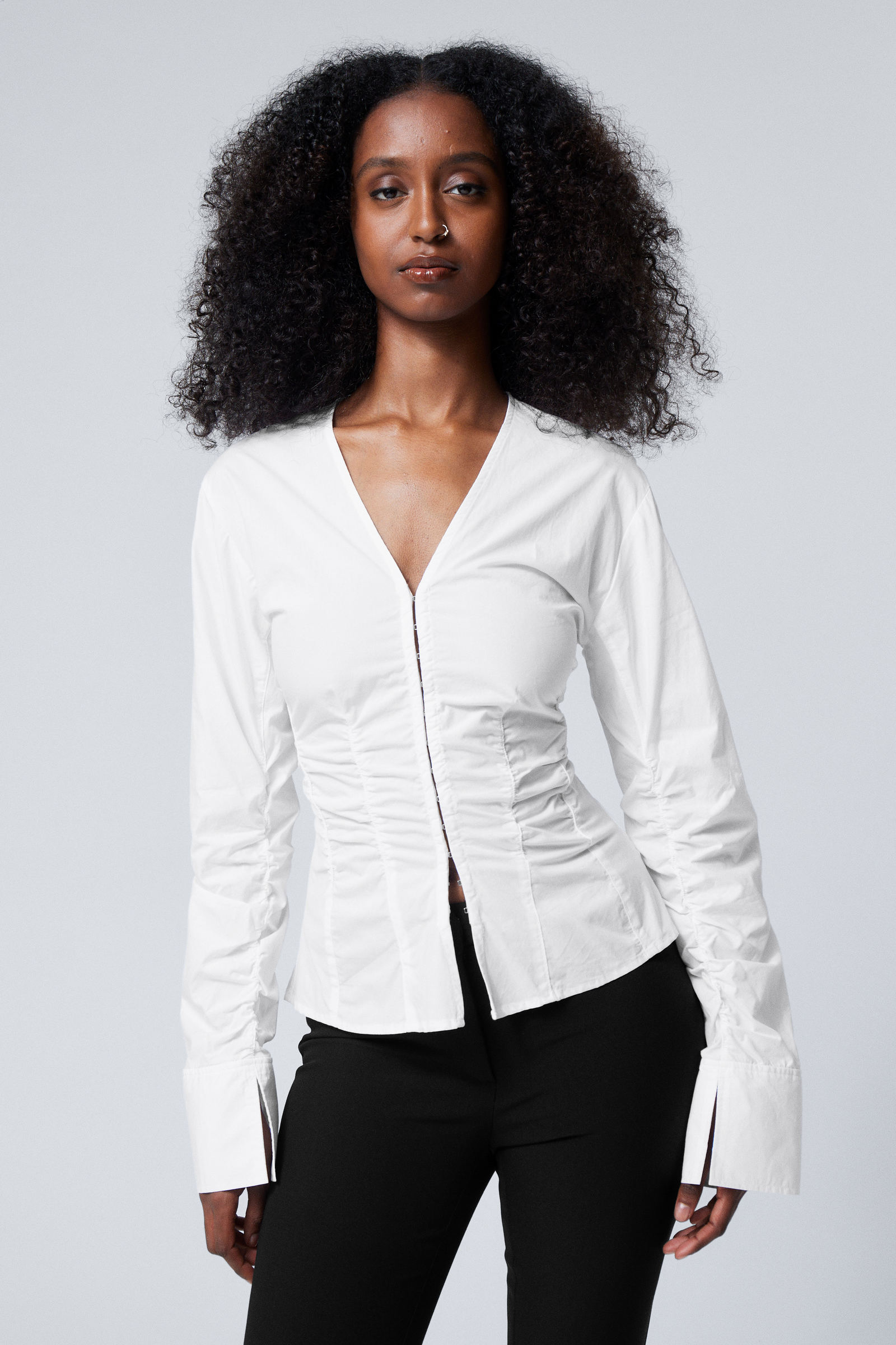 White - Gathered Poplin V-neck Shirt - 0