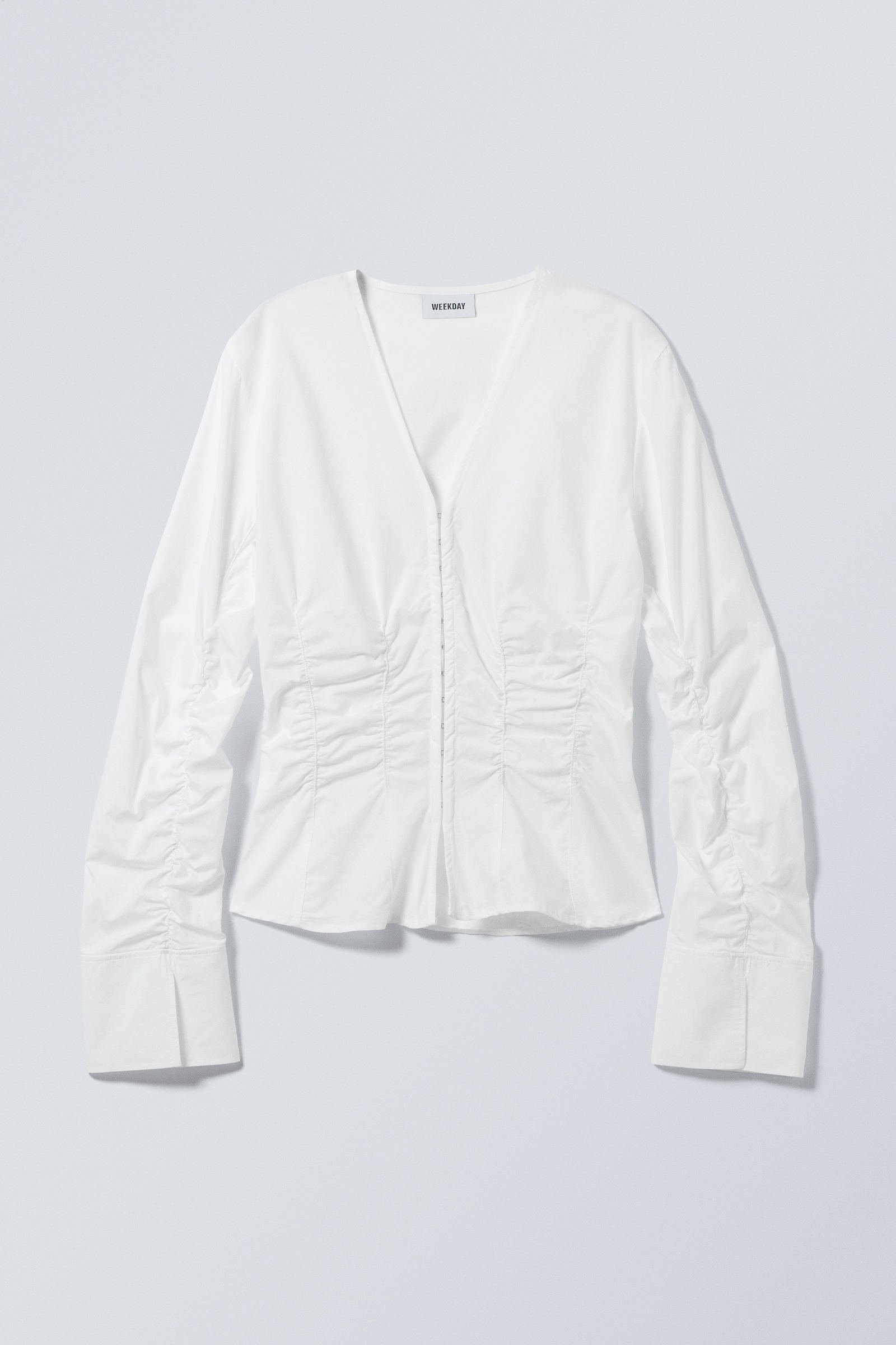 White - Gathered Poplin V-neck Shirt - 2