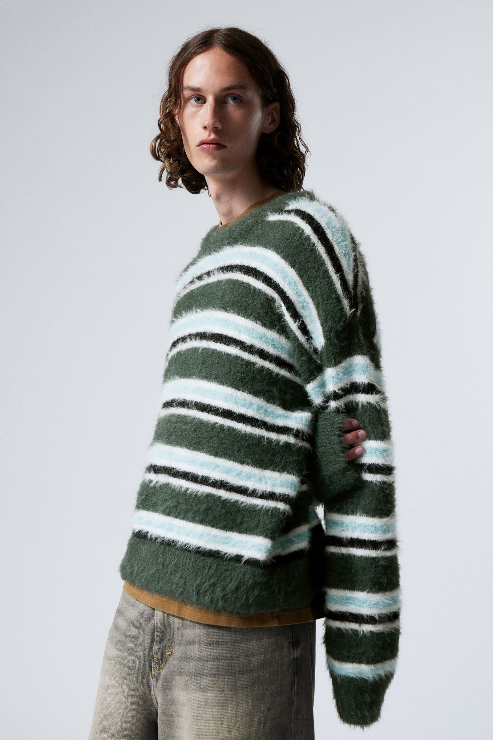 Dark Green Stripe - Relaxed Knitted Striped Hairy Sweater - 1