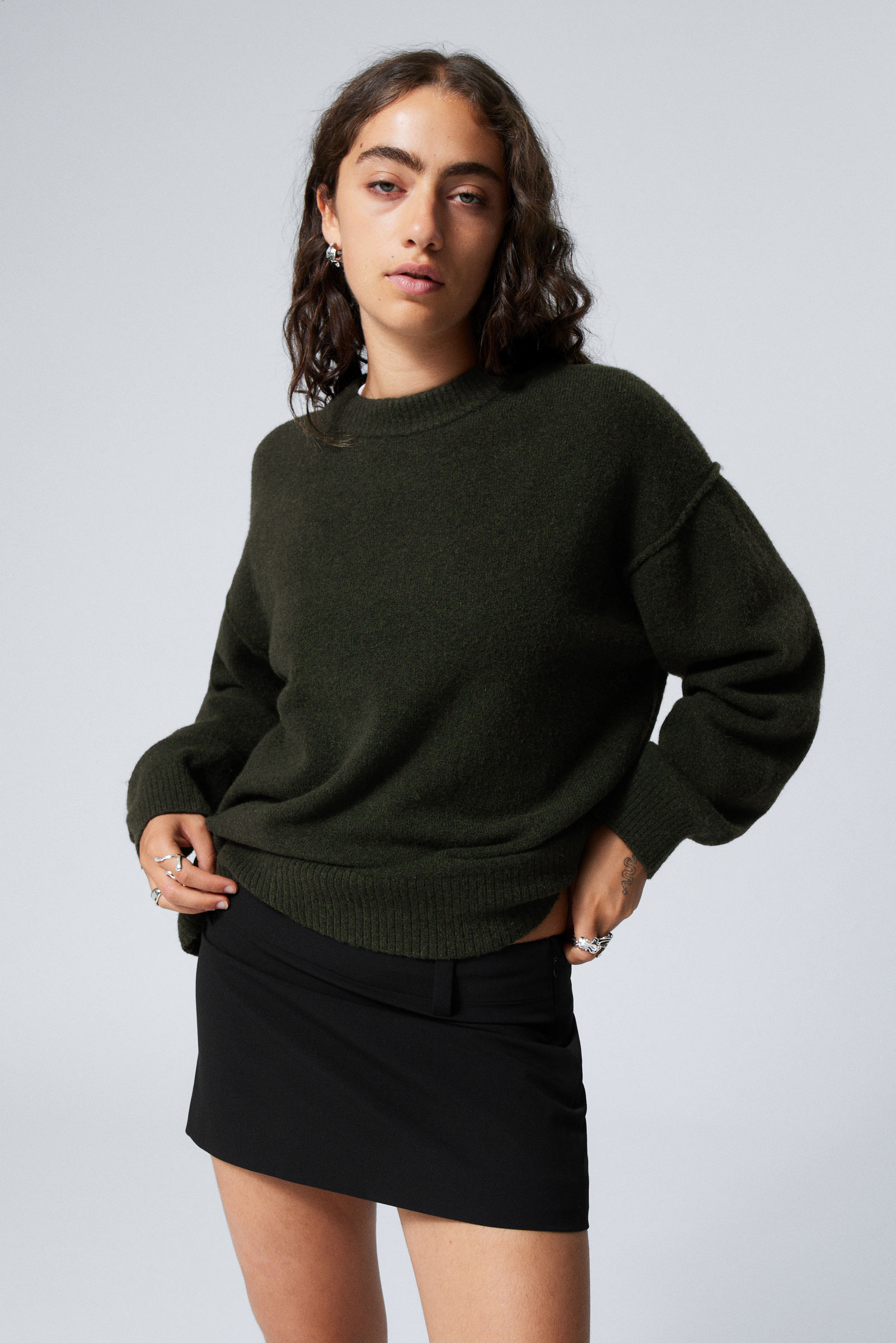 Dark Green - Relaxed Knitted Sweater - 0