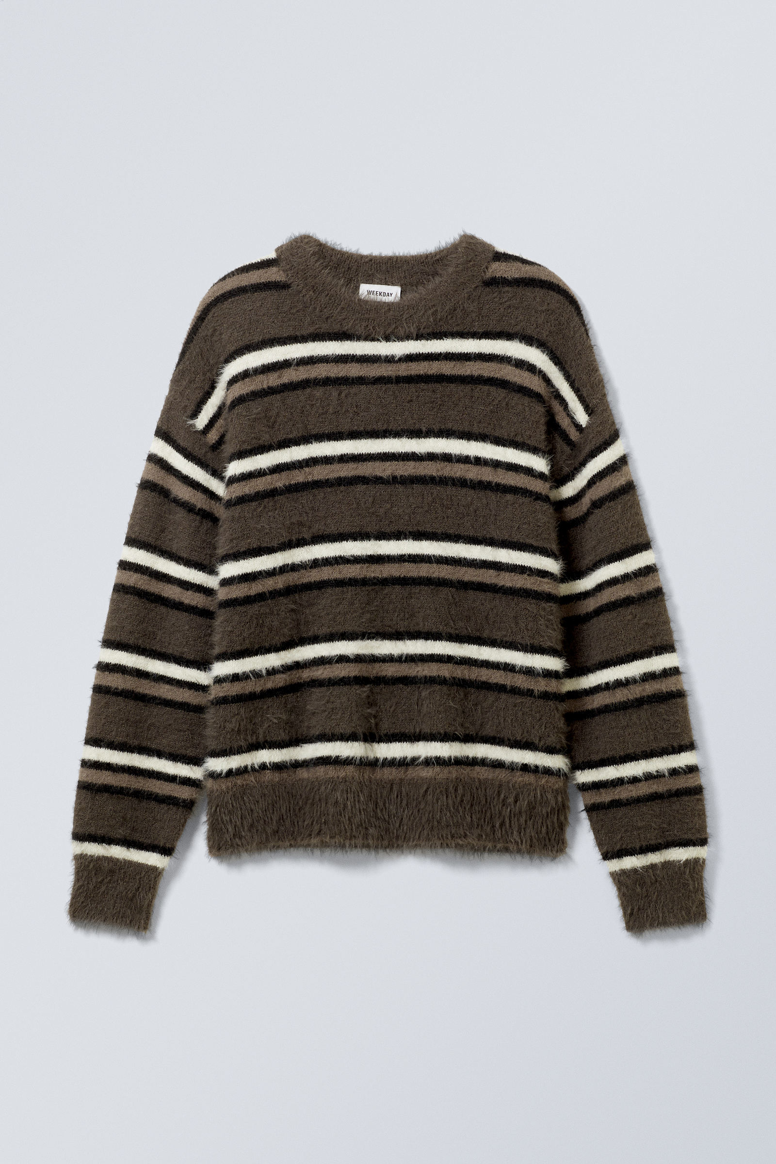 Brown Stripe - Relaxed Knitted Striped Hairy Sweater - 2