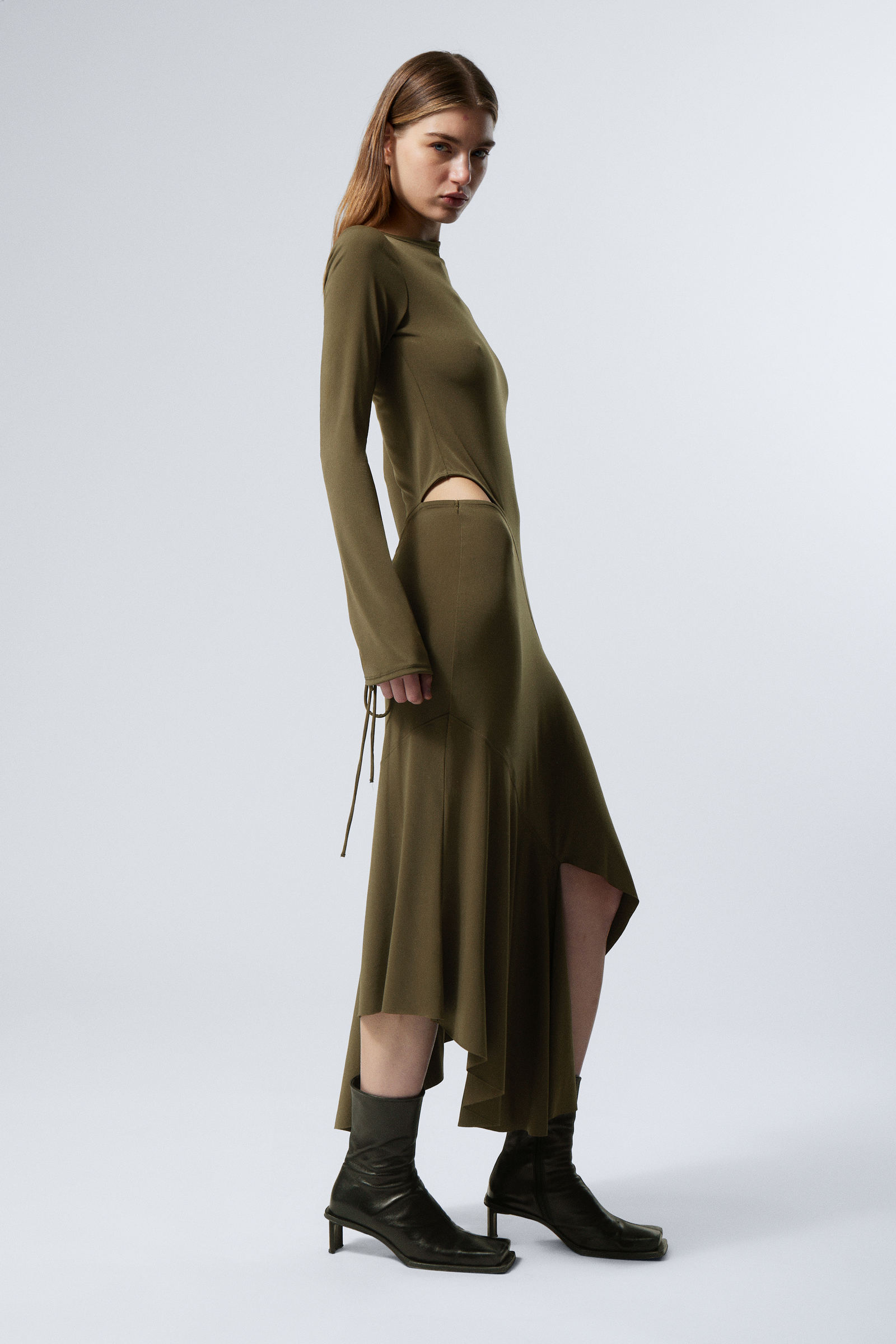 Dark Khaki Green - Long-Sleeved Asymmetric Draped Dress - 3