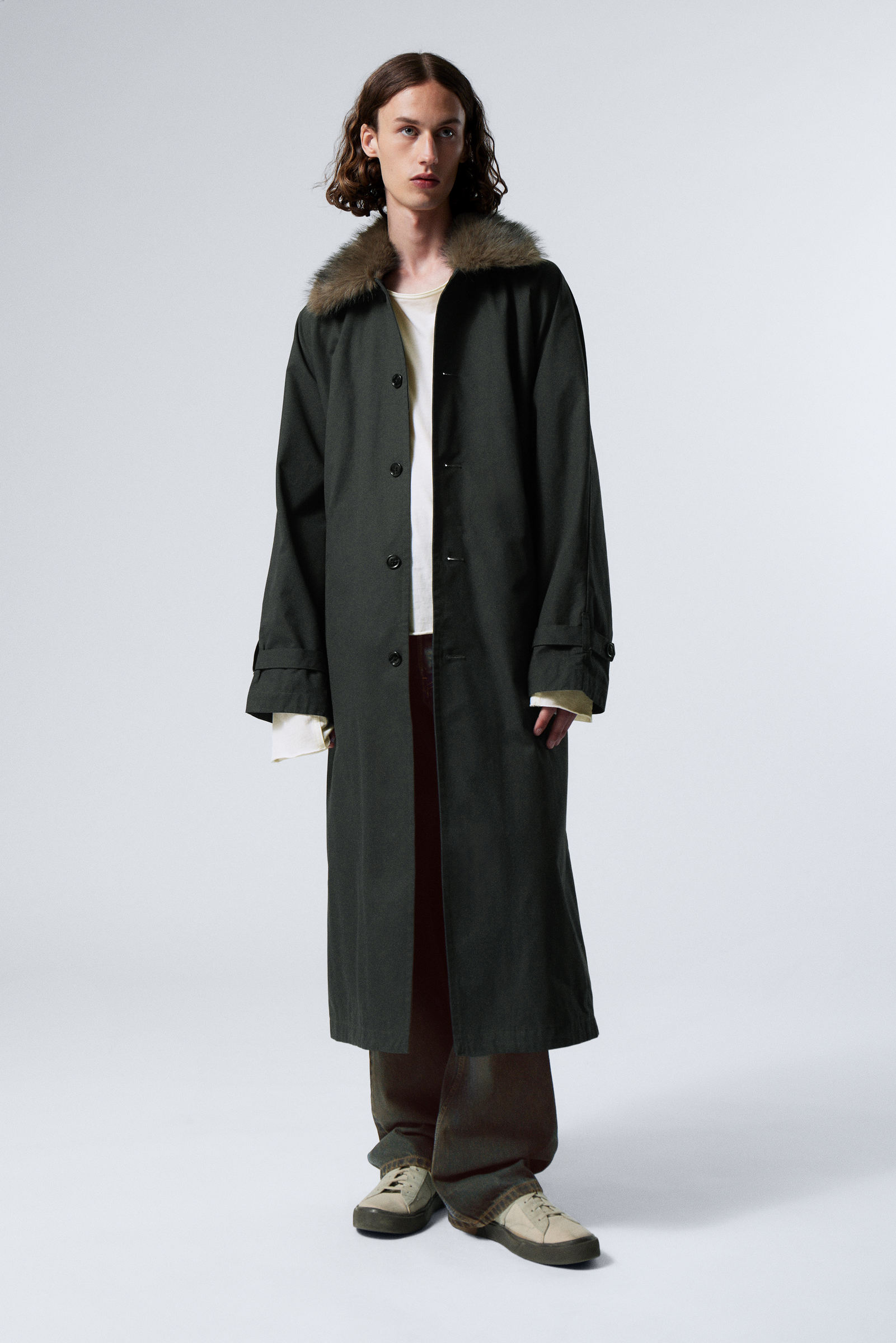 #3A3A3D - Oversized Faux Fur Collar Trench Coat - 2