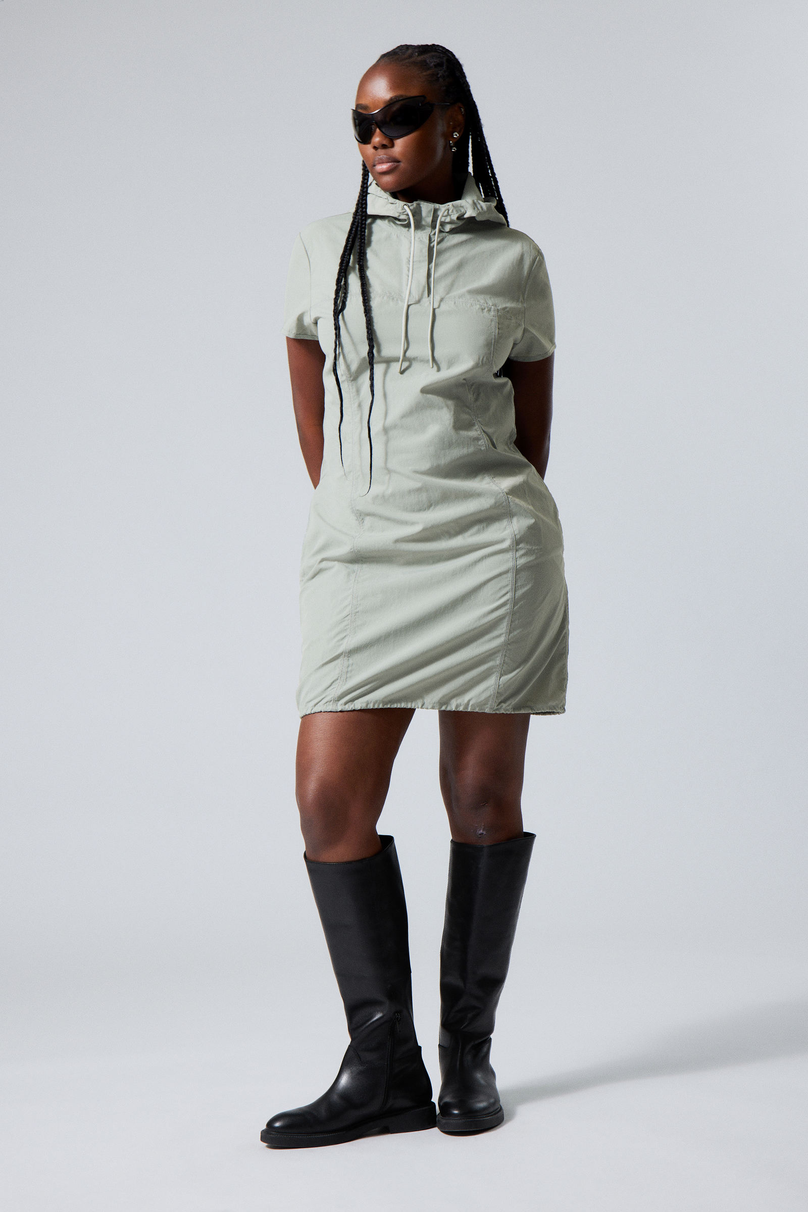 #A4A7A4 - Nylon Hooded Mini Dress - 1