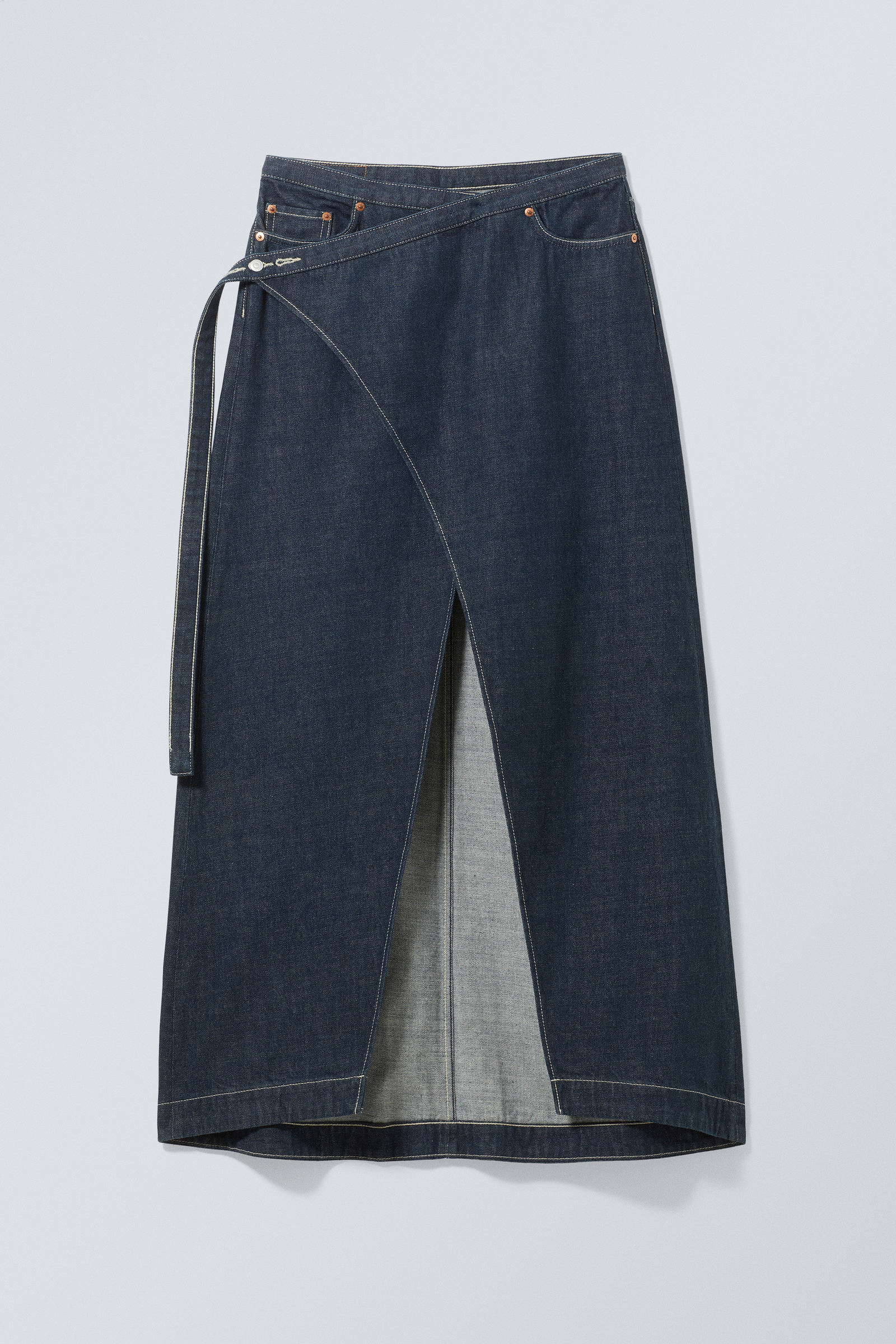 main denim long wrap skirt Blue Rinse Weekday GB