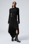 Black - Long-Sleeved Asymmetric Draped Dress - 0