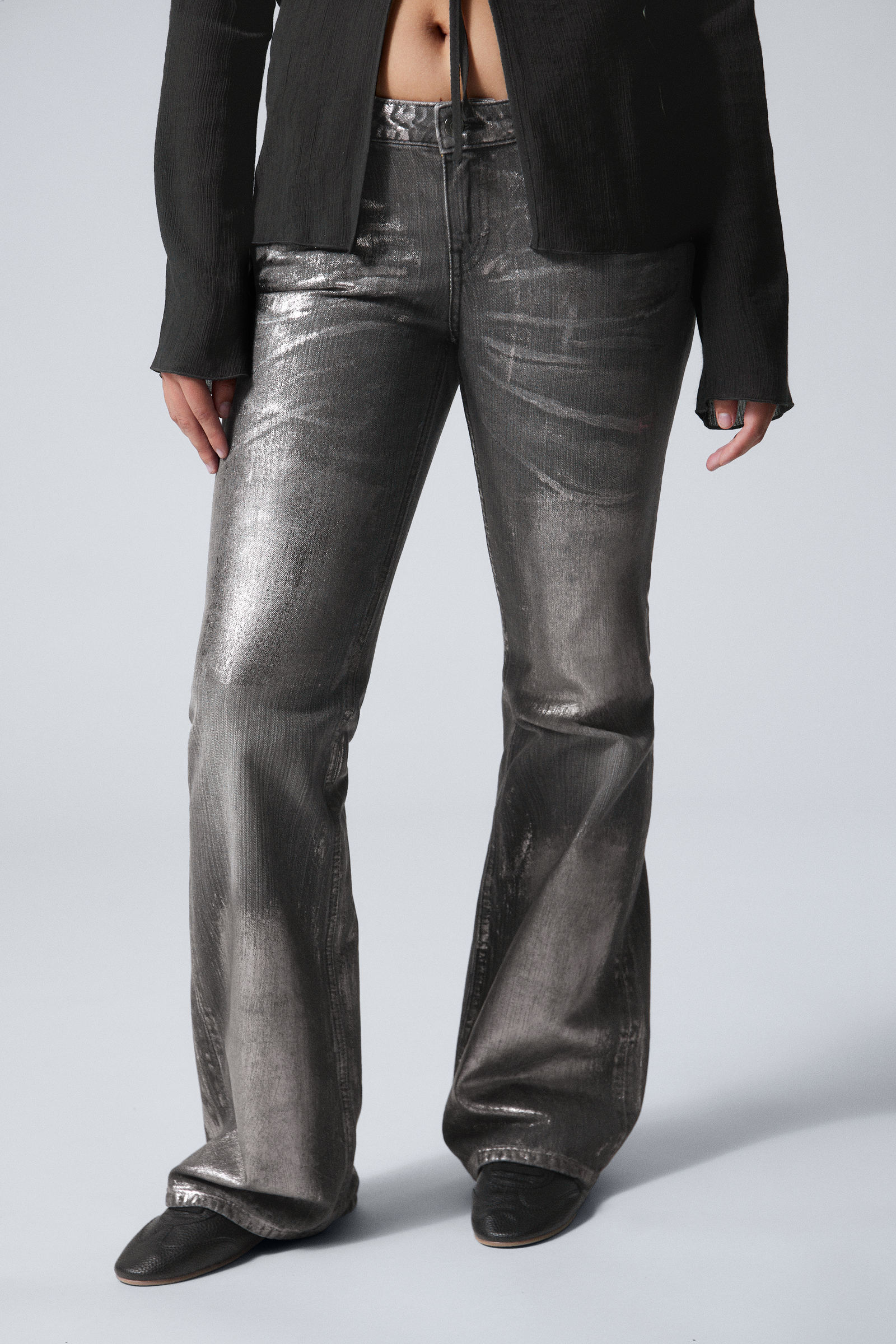 Metal Grey - Nova Foil Low Slim Bootcut Jeans - 1