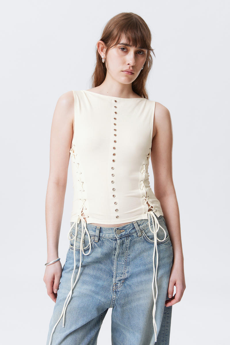 Weekday Sleeveless Lacing Boat-neck Eyelet Top