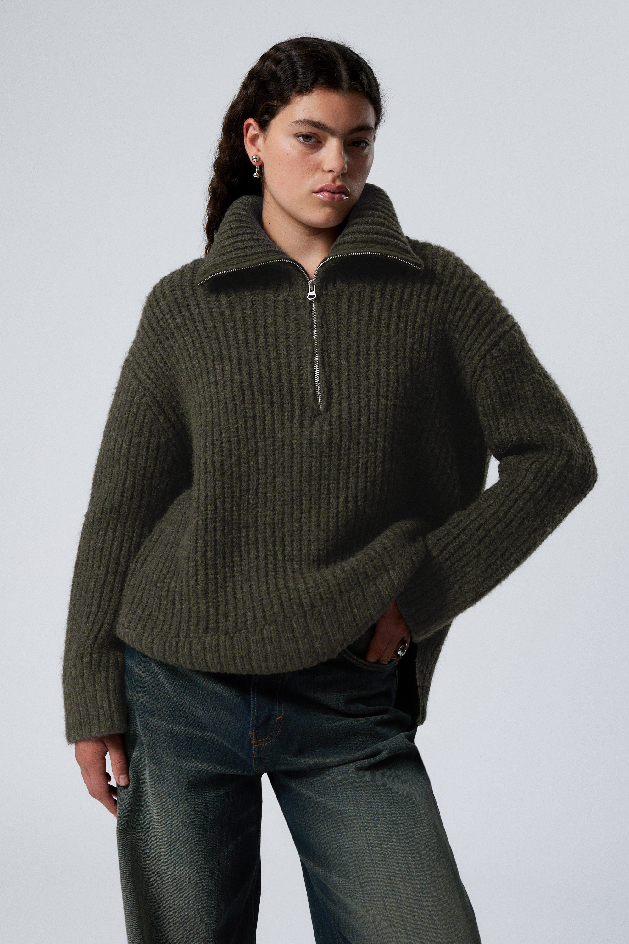 Bruebeck Dark Blue Rib Knit Fleece Sleeves Pullover Mock Turtleneck store Sweater