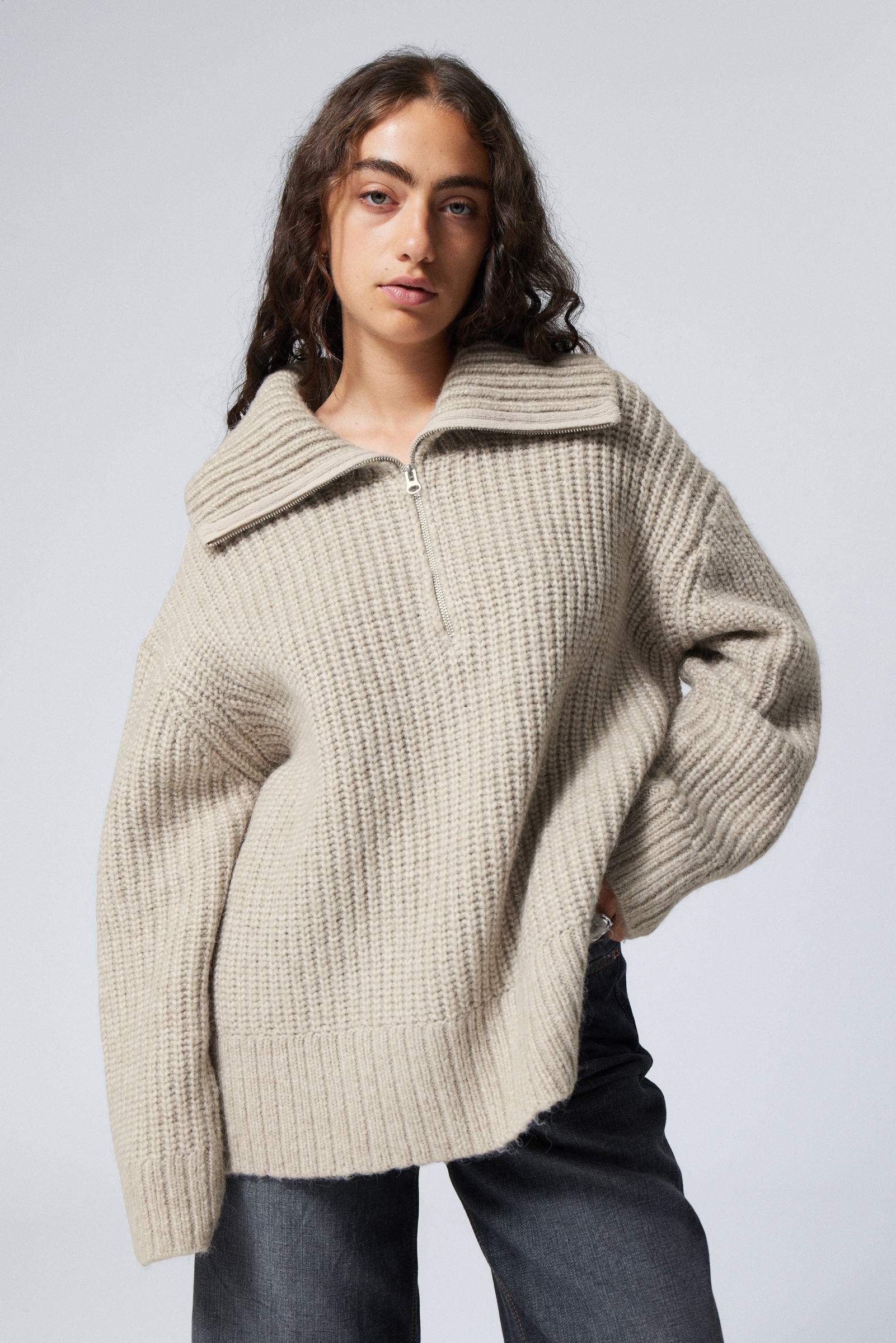 rib knit half zip turtleneck sweater Dusty Beige Weekday NO