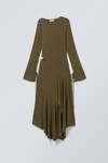 Dark Khaki Green - Long-Sleeved Asymmetric Draped Dress - 1