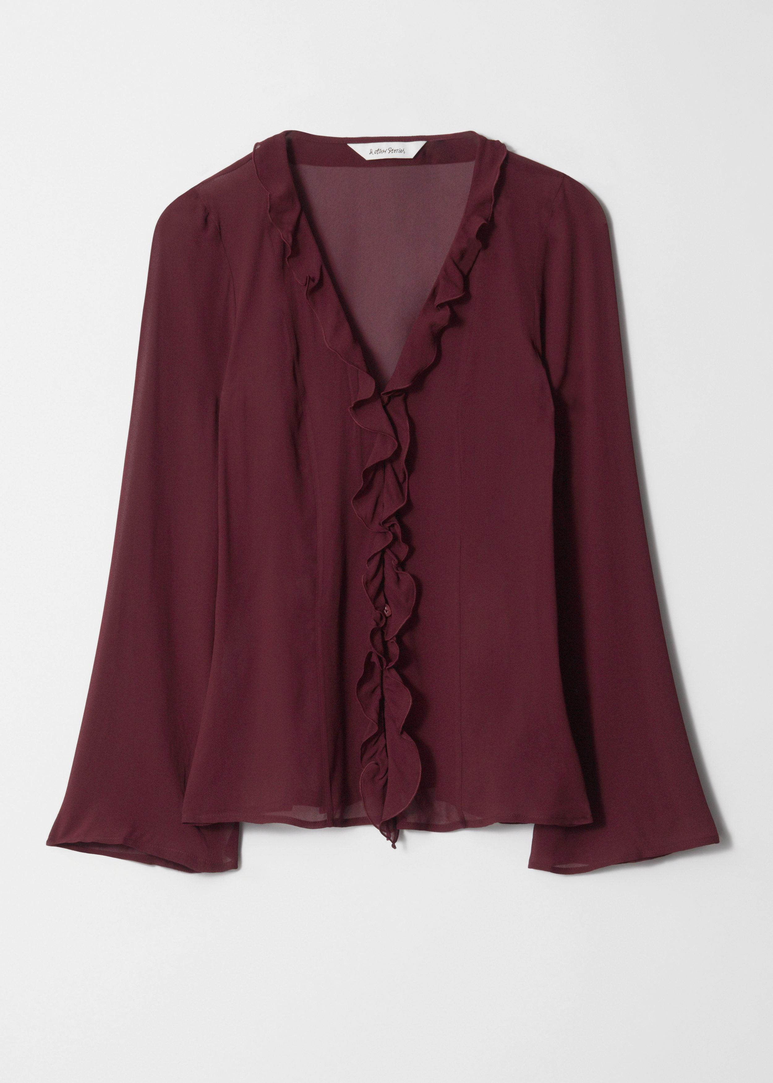 Red Ruffle Front V-Neck Button Down Blouse