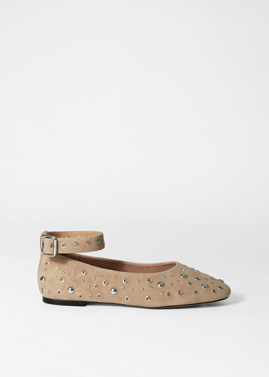 & Other Stories Studded Suede Leather Ballet Flats With Ankle Strap In Beige