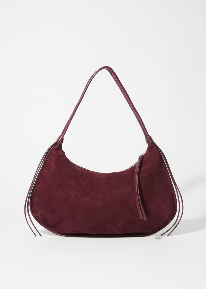 & Other Stories One Shoulder Curved Suede Tote Bag With Leather Fringe Trims In Burgundy
