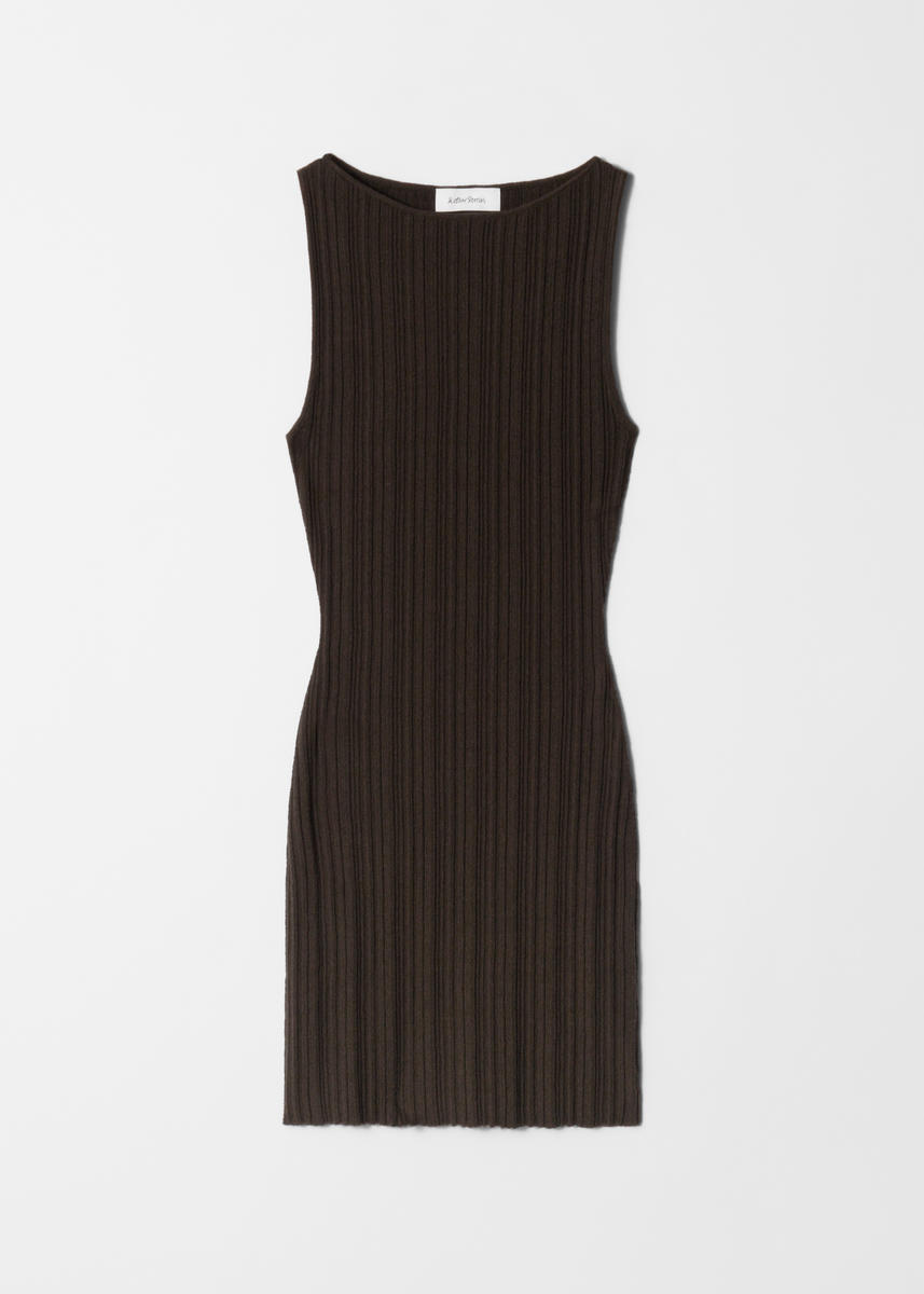 & Other Stories Pleated Knit Maxi Dress With Asymmetric Drop Waist And Fluted Hem In Brown