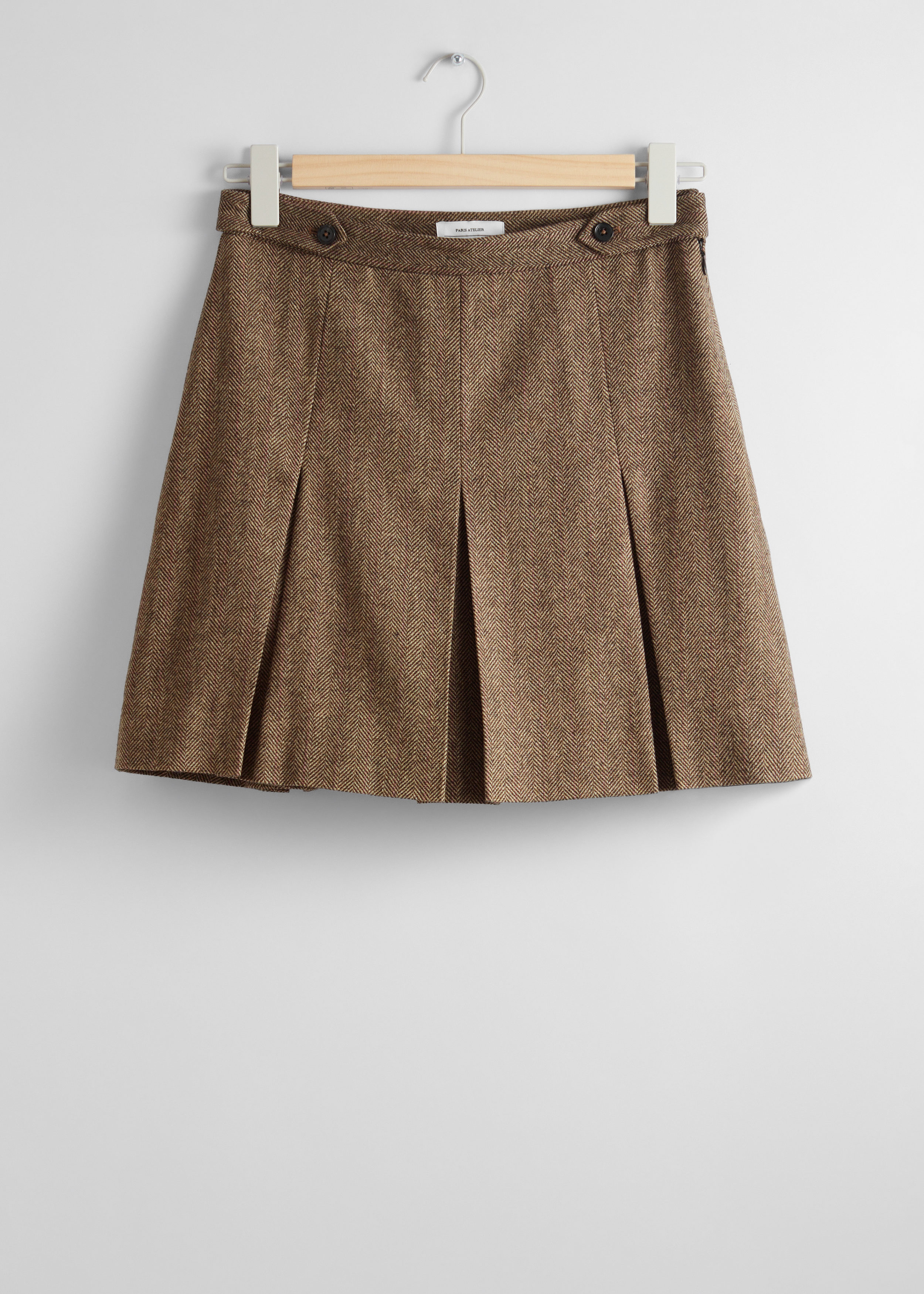 Pleated Herringbone Mini Skirt