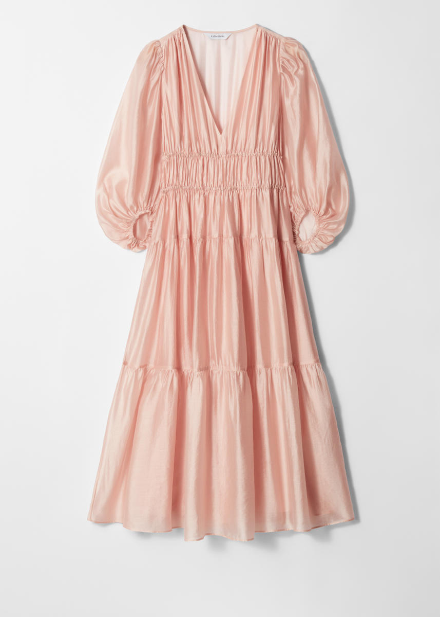 & Other Stories Midaxi Dress With Volume Sleeves And Shirred Bodice Detail In Orange