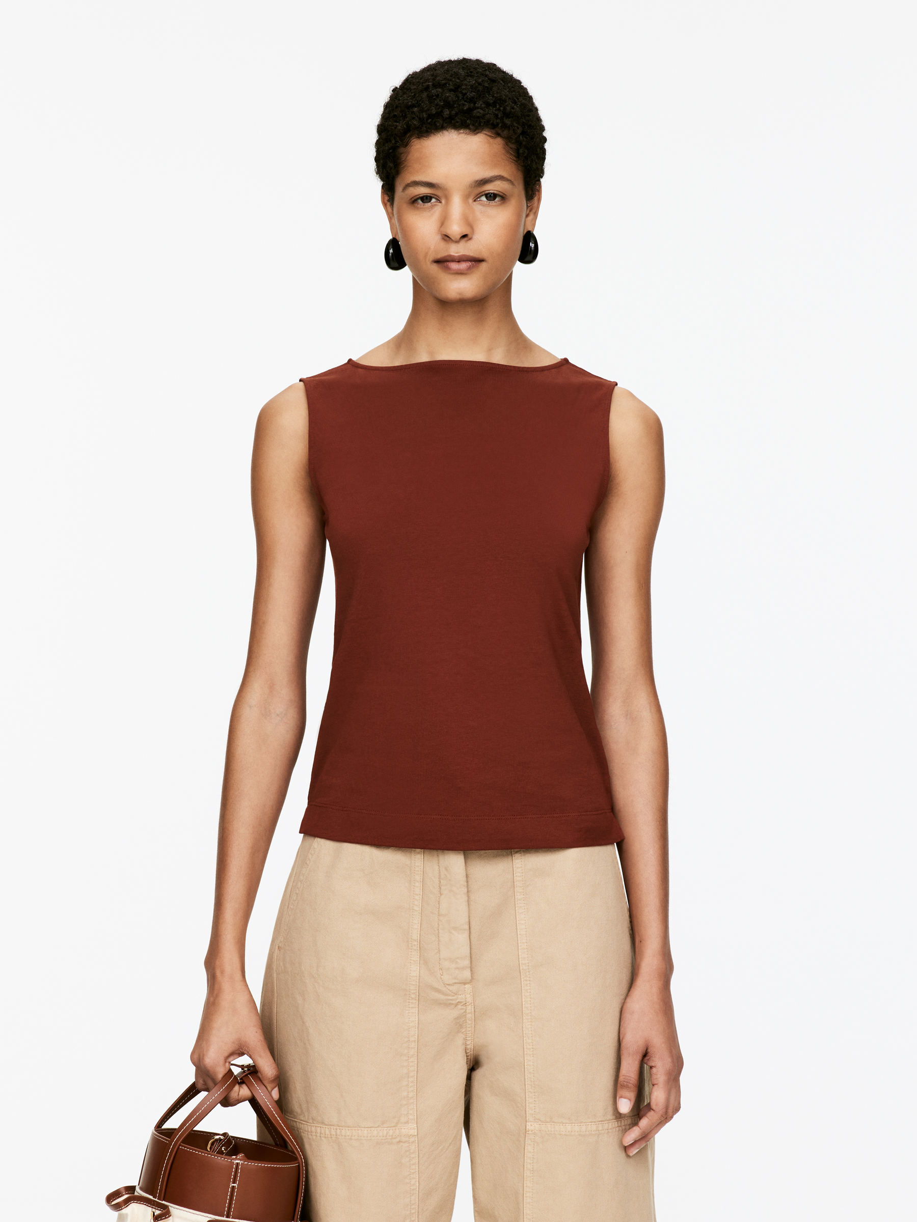Boat Neck Tank Top-#8F5852-15399