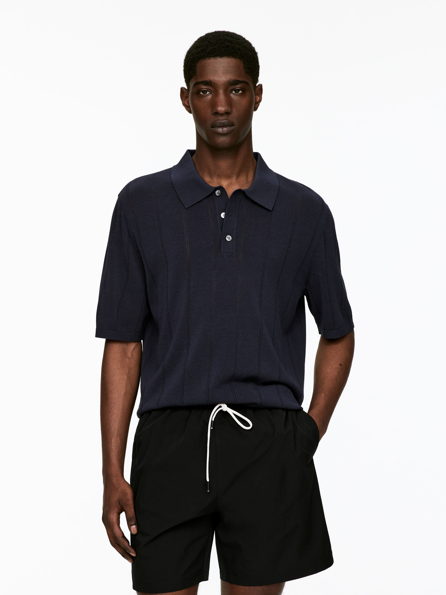 Pointelle Polo Shirt-#3A455A-15225