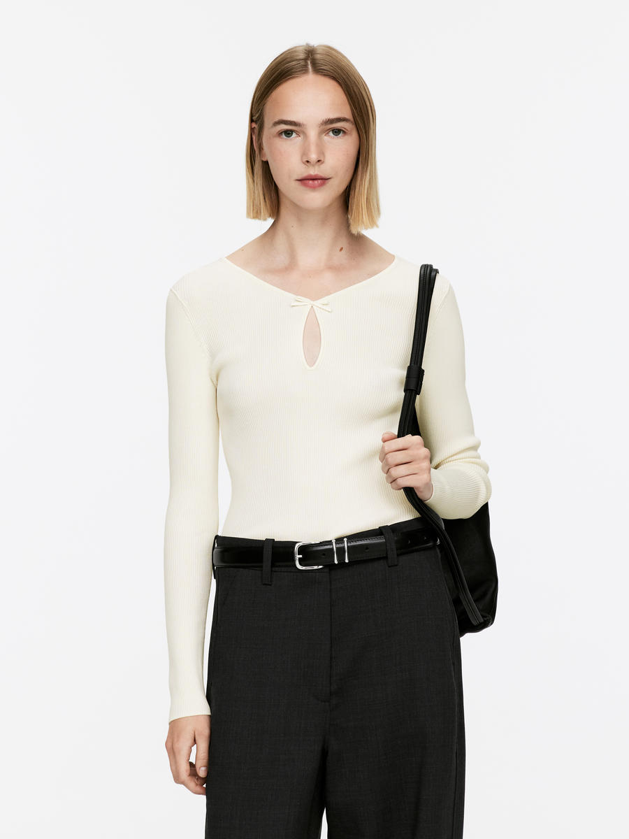 Haut côtelé avec nœud - Blanc - Slim fit - Femme - 1256674001