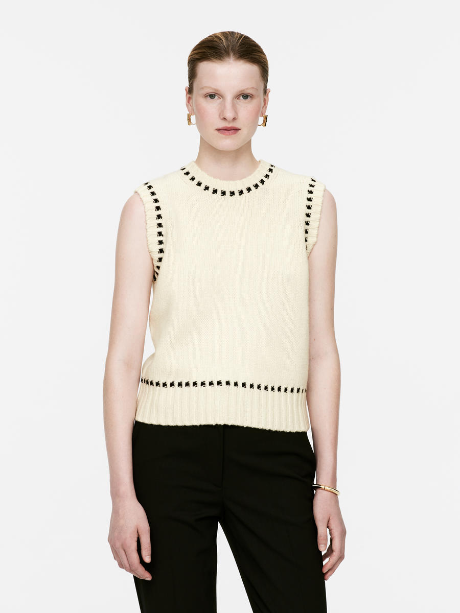 Contrast-Stitch Knitted Vest-#F2E8D6-13622