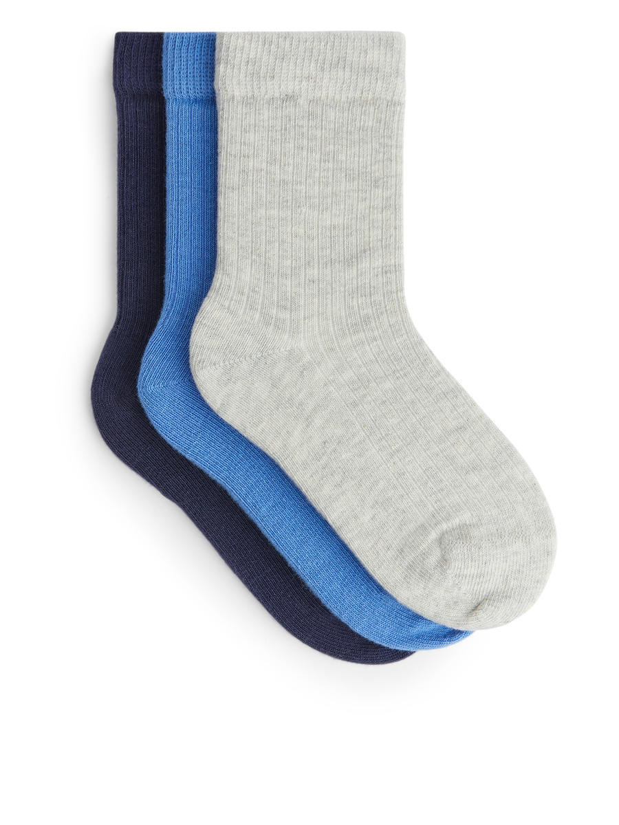 Rippstricksocken, 3 Paare-Blau-10924