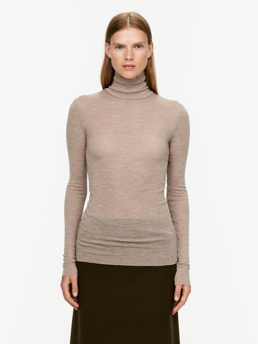 Roll-Neck Wool Top-#BBAB92-5510