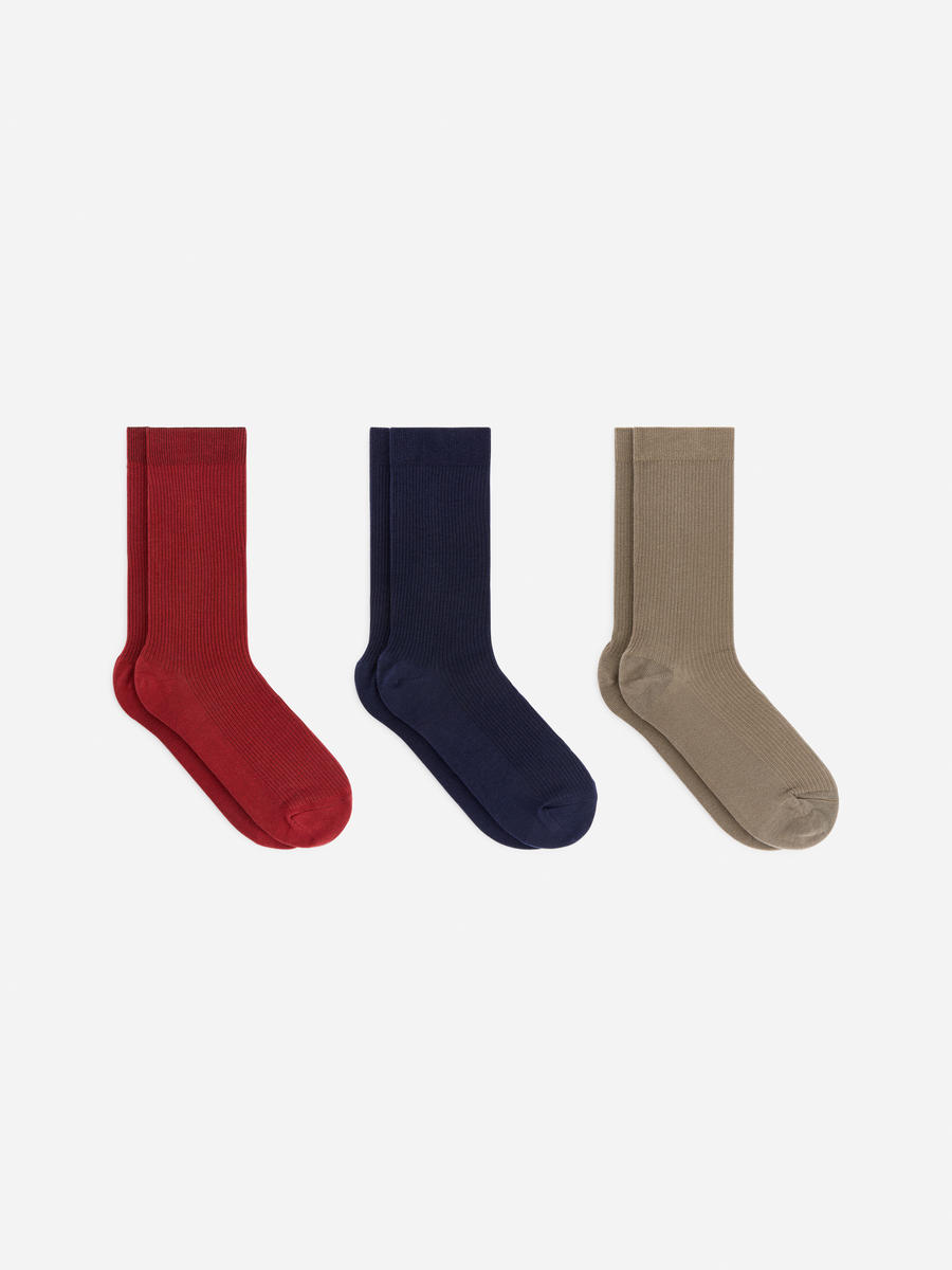 Cotton Rib Socks Set of 3 - Red/Blue/Mole - Women - 1207870006