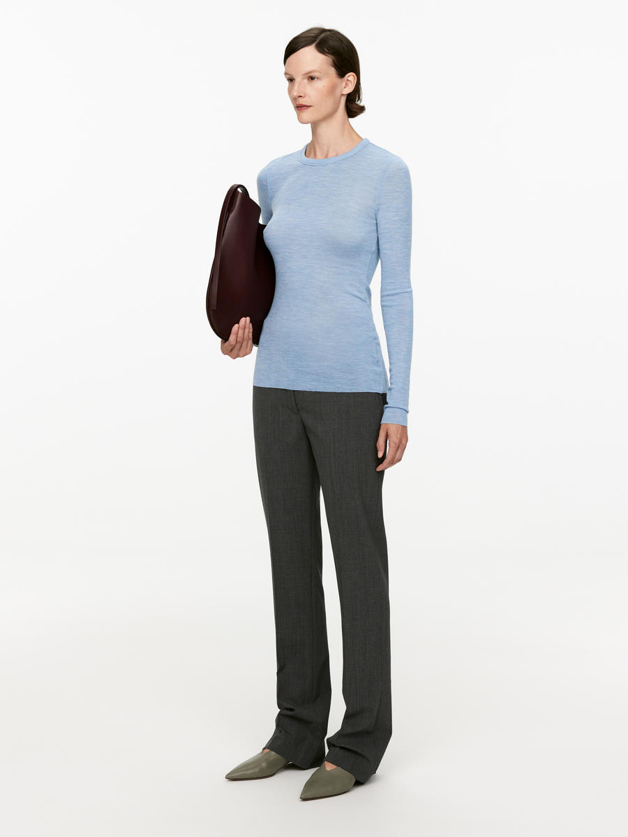 Langärmliges Oberteil aus Merinowolle - Blau meliert - Slim Fit - Women - 0630664046