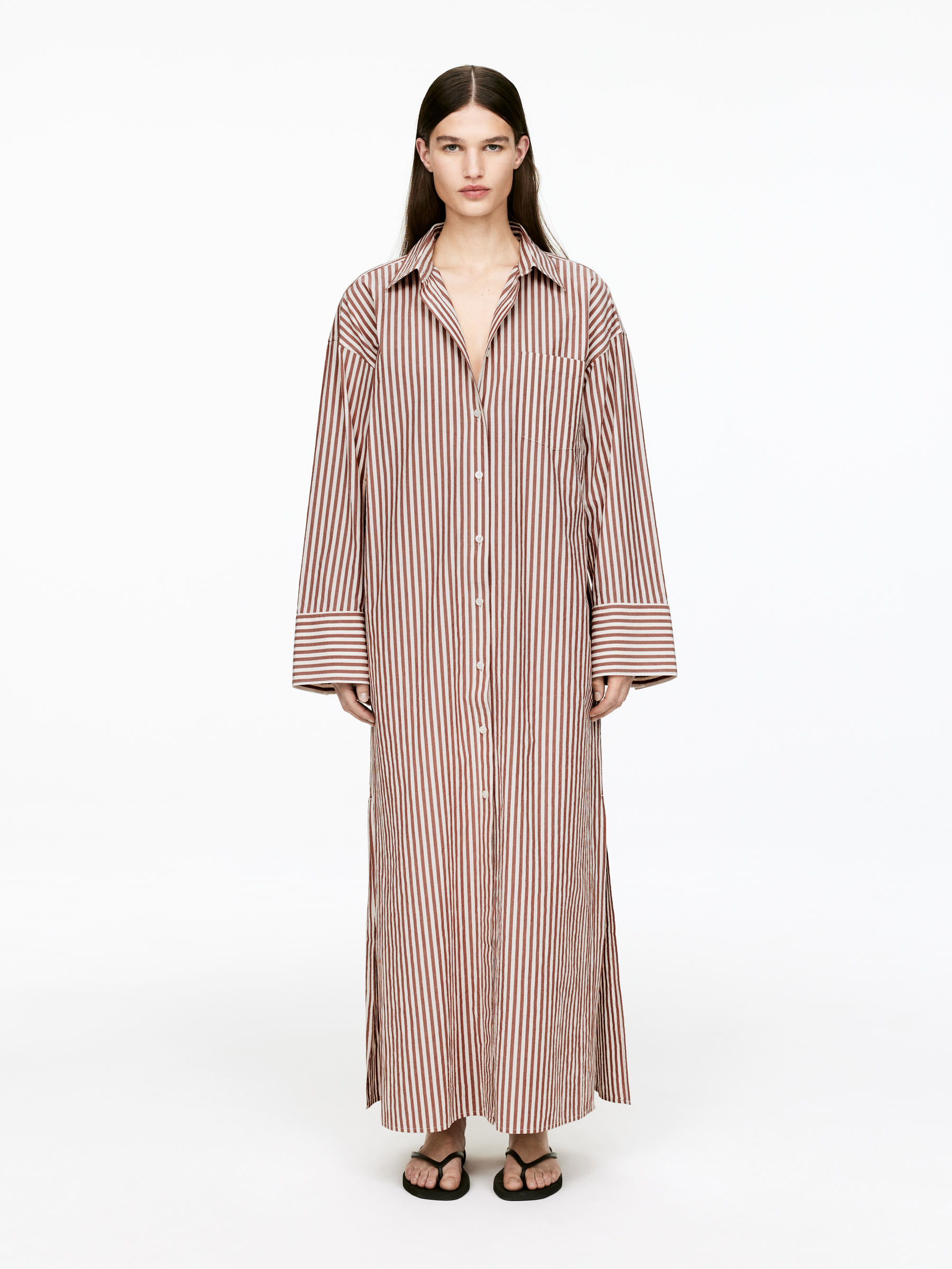 Linen Shirt Dress - Brown/White - Loose fit - Women - StillMedia/Lookbook - 5