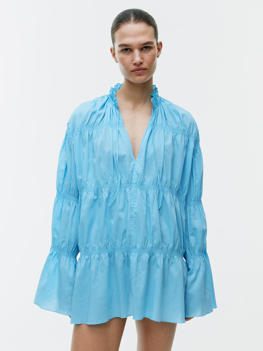 Smocked Shirt - Turquoise - Relaxed fit - Women - 1236601002