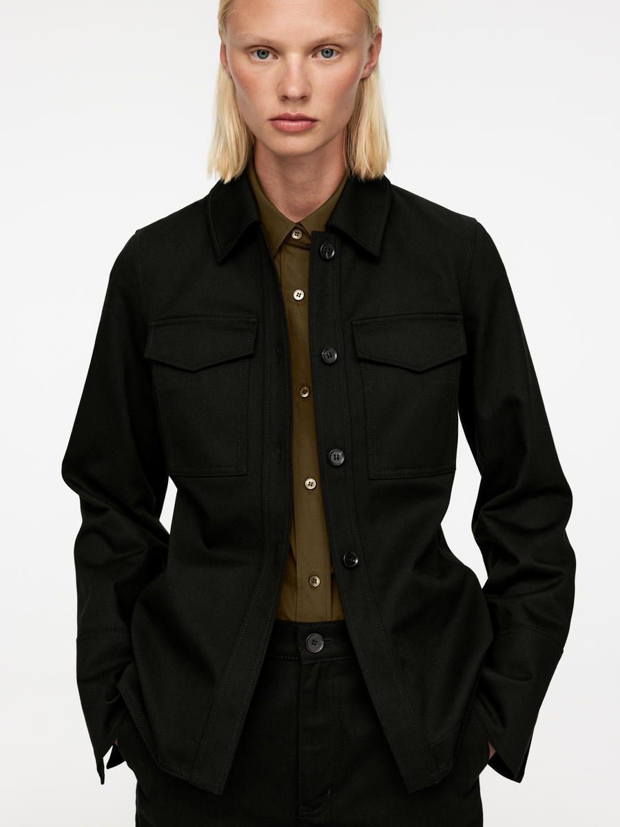 Black fitted denim jacket hotsell