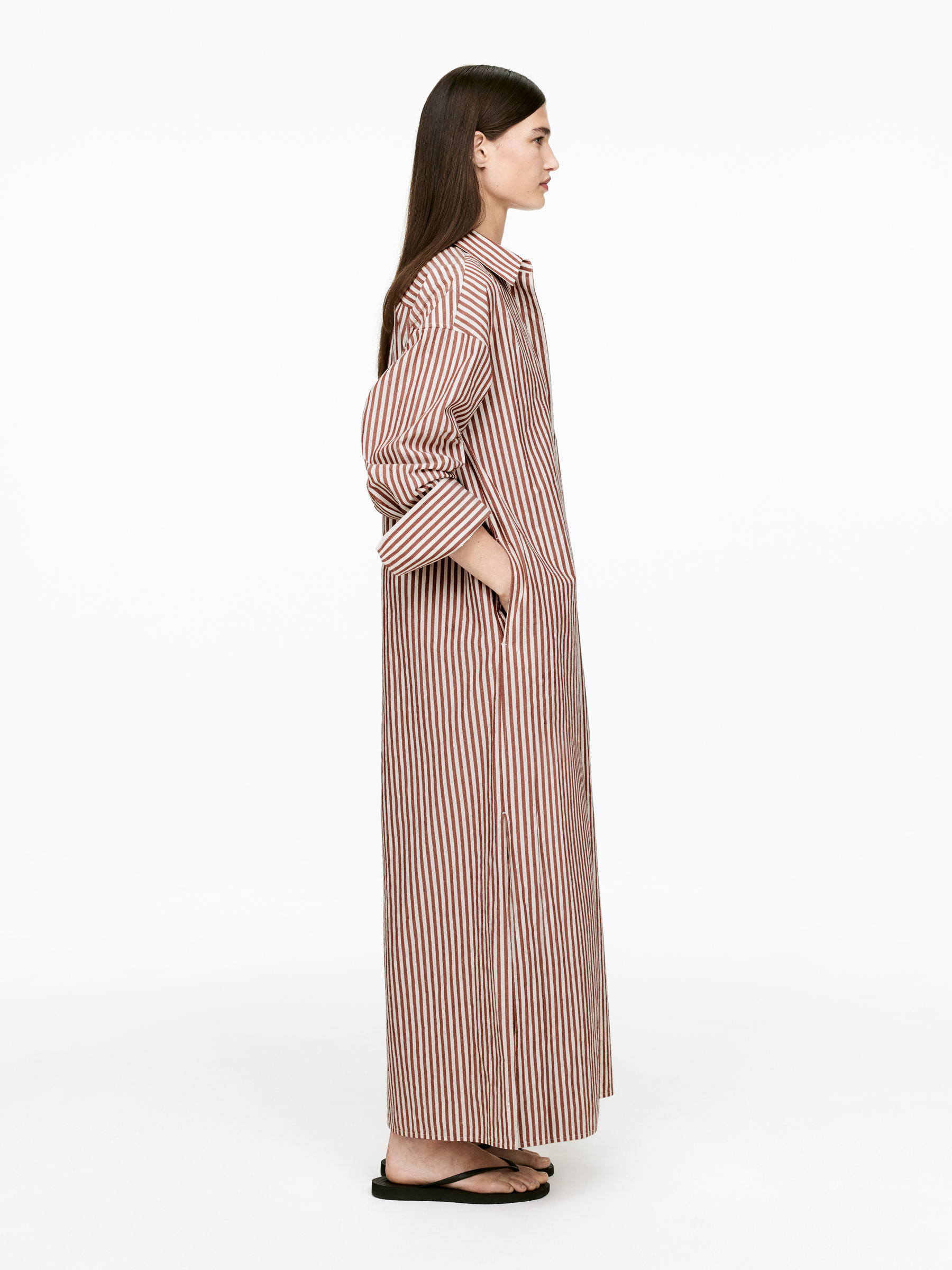Linen Shirt Dress - Brown/White - Loose fit - Women - StillMedia/Lookbook - 6