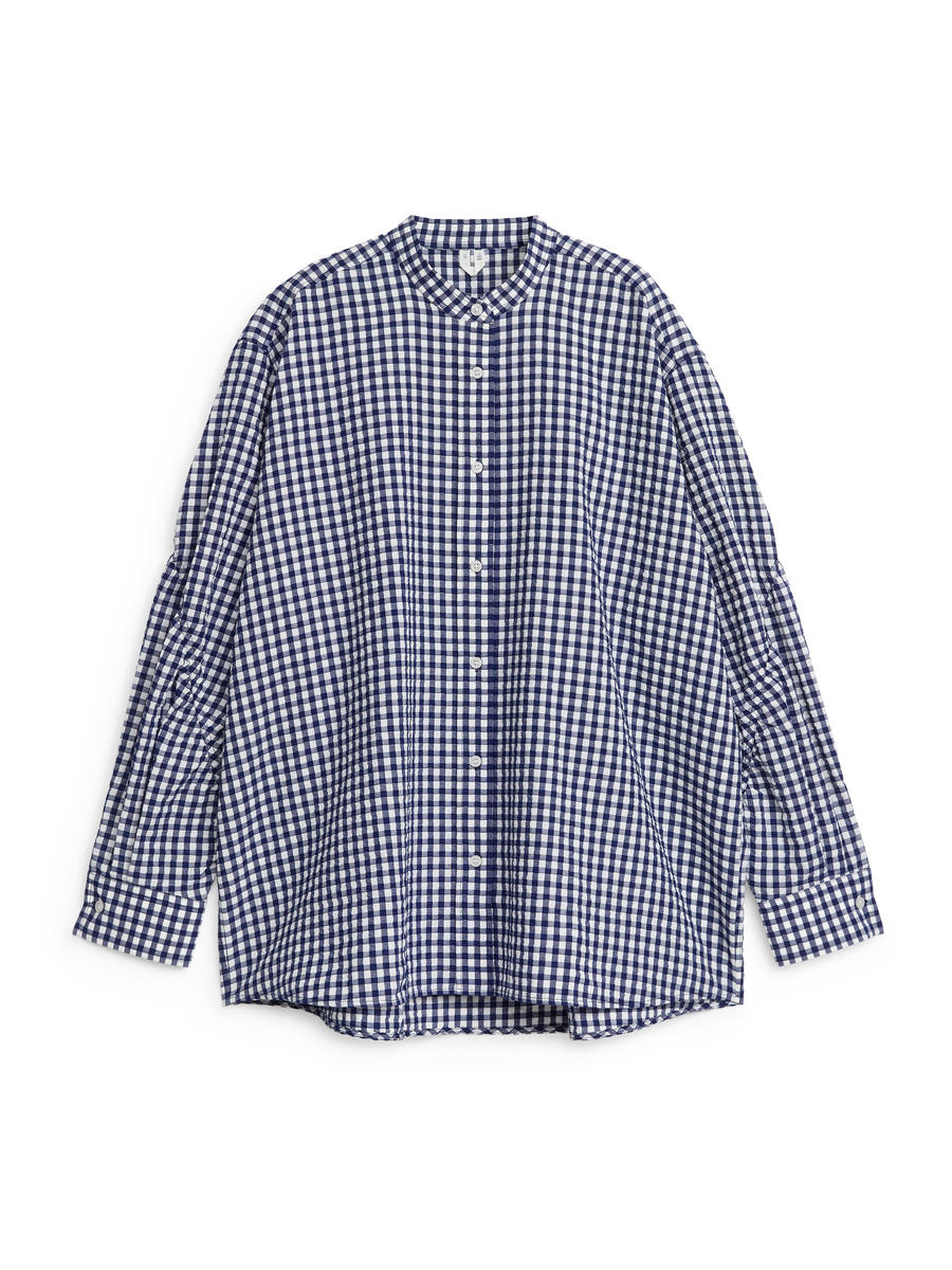 Oversized Seersucker Shirt - Dark Blue/White - Oversized - Women - 1222339001